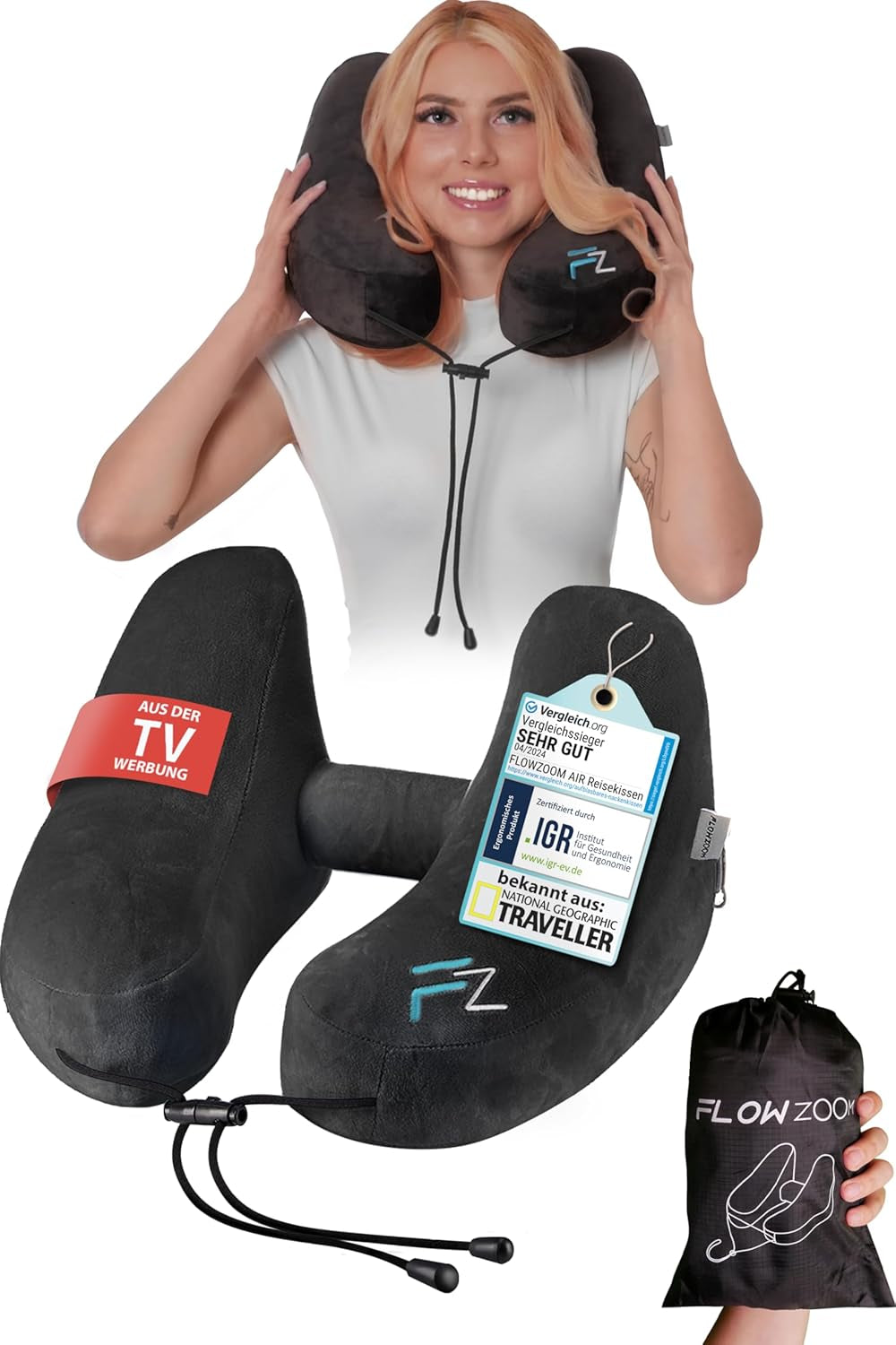 FLOWZOOM AIR Almohada Inflable para el Cuello con Capucha - Almohada para el Cuello de Avión - Almohada de Viaje - Almohada para el Cuello de Viaje Inflable Rápido - Almohada para Avión - Almohada de Viaje - Almohada para el Cuello Adulto (Gris) Naty Shop Almohadas Ortopédicas Cervicales 4) Negro - Talla M