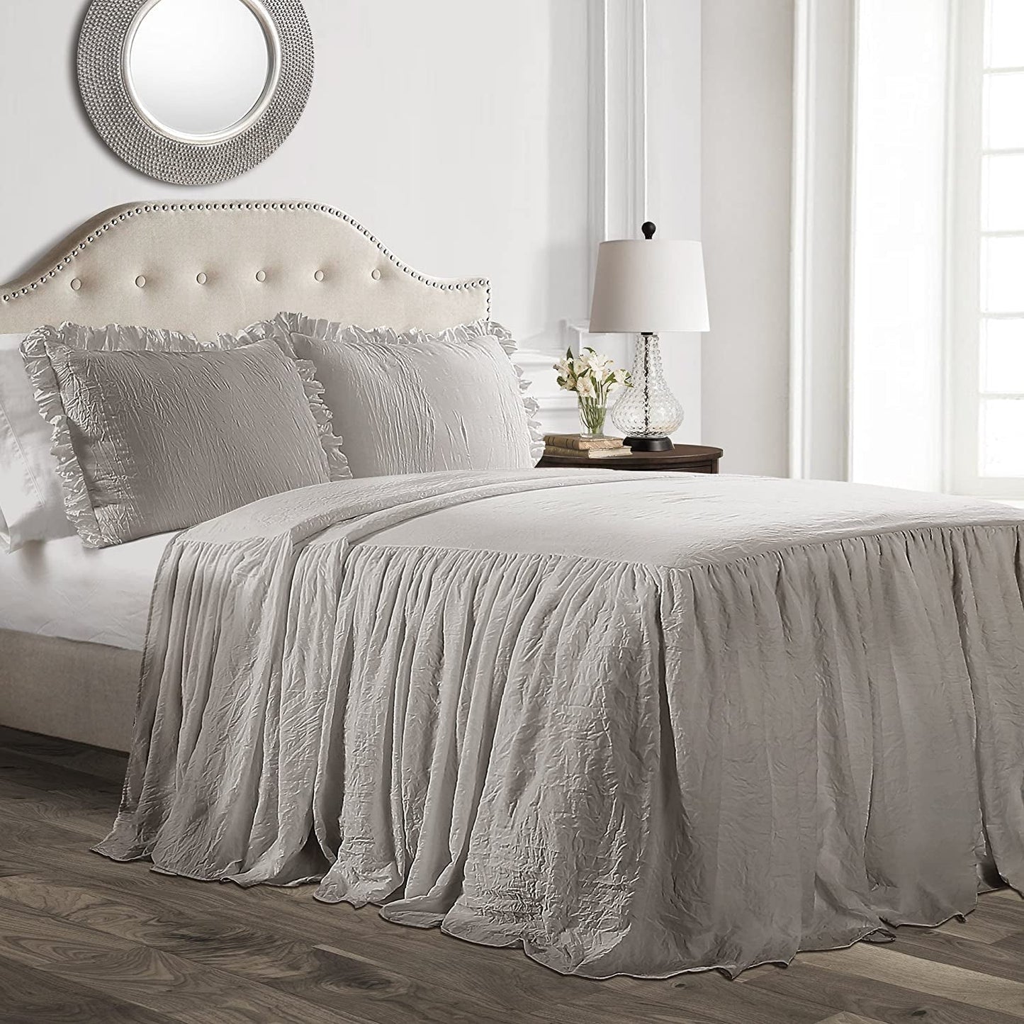Lush Decor Funda Nórdica con Falda con Volantes, Poliéster, Blanco, Cama Doble Lush Decor Camas y Edredones Queen Gris