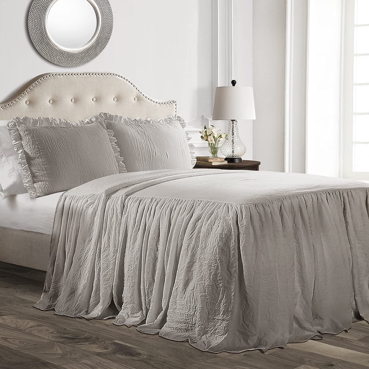 Lush Decor Funda Nórdica con Falda con Volantes, Poliéster, Blanco, Cama Doble Lush Decor Camas y Edredones Queen Gris