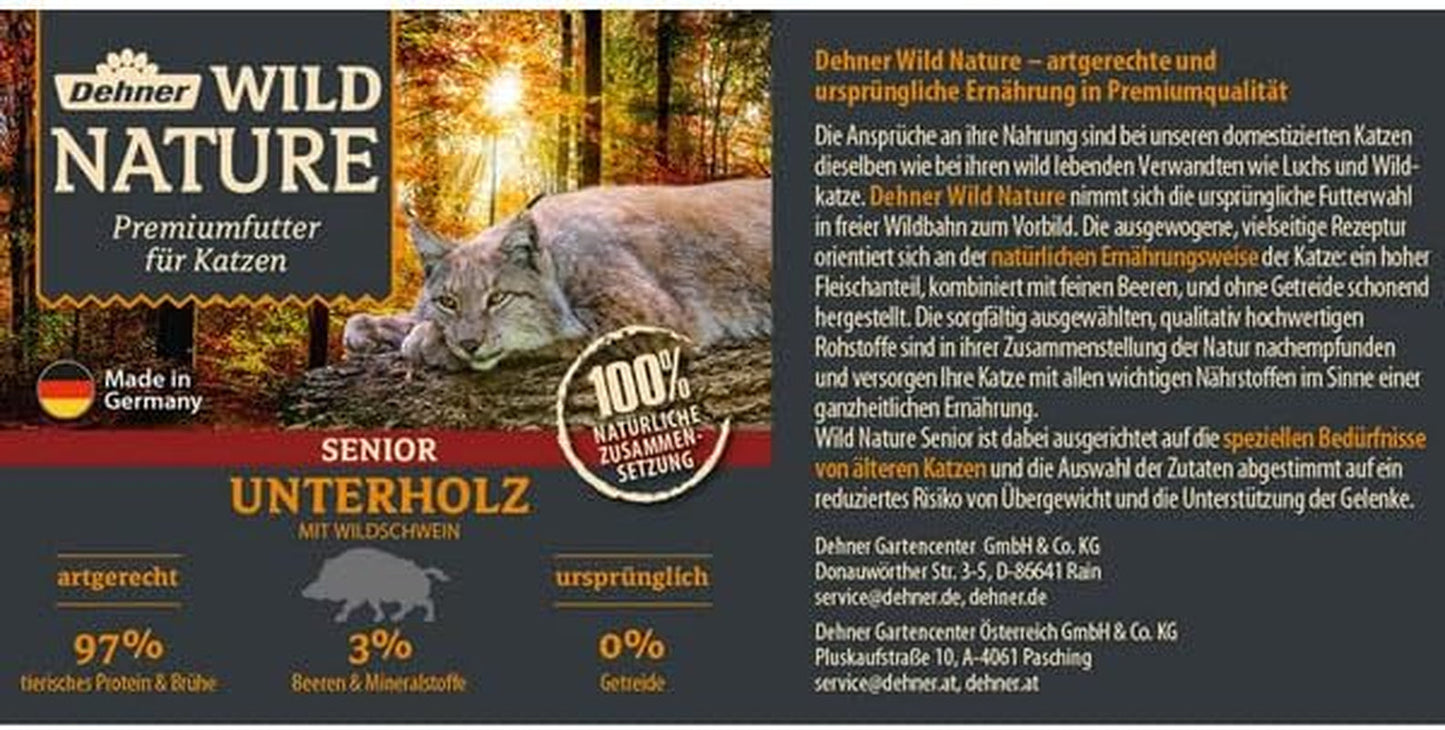 Dehner Wild Nature Katzenfutter Unterholz, Nassfutter getreidefrei / zuckerfrei, für ältere Katzen, Wildschwein, dosis de 6 x 400 g, (2,4 kg)