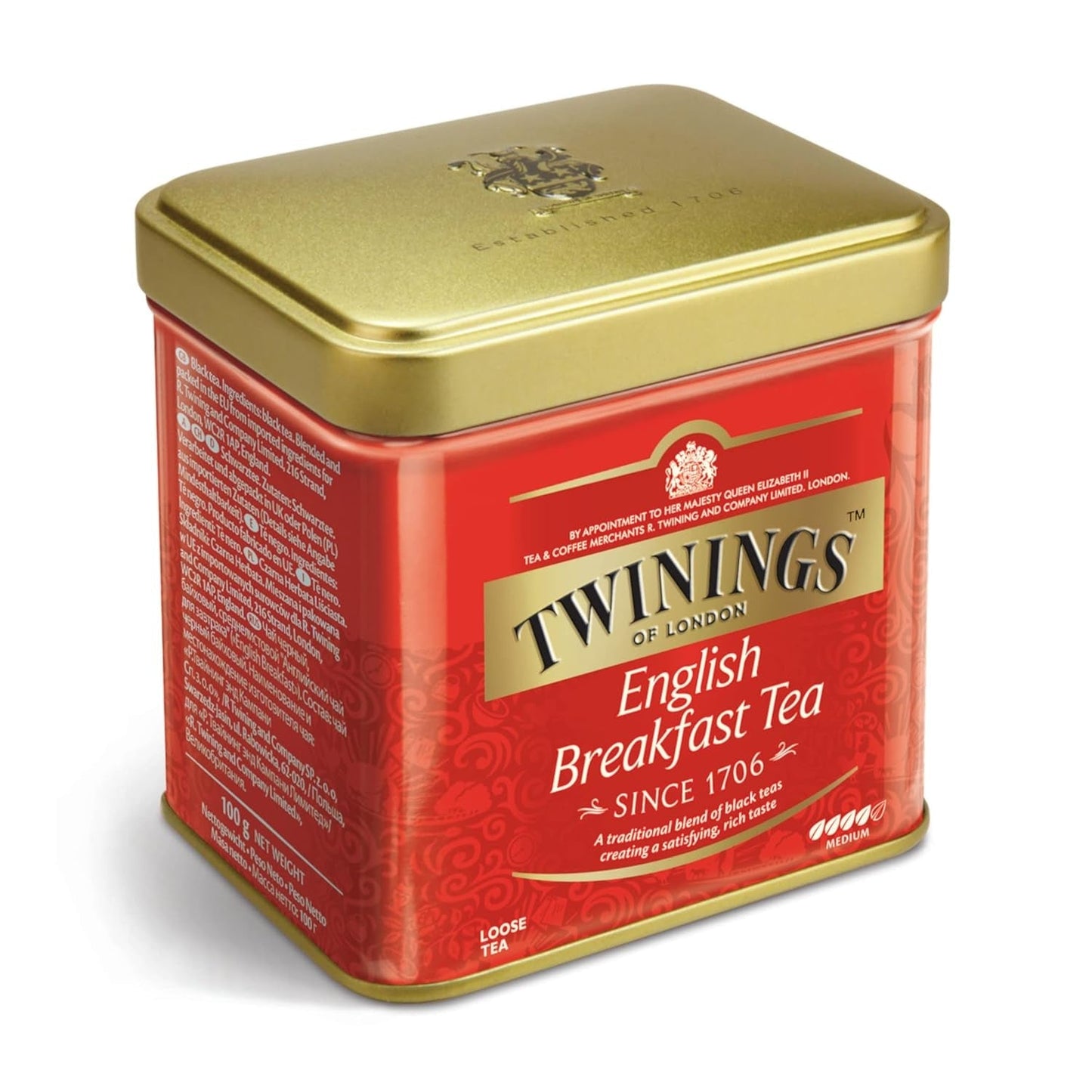 Twinings English Breakfast Tea Té negro suelto en caja de té Té negro fuerte elaborado con hojas de té de alta calidad recogidas de las mejores plantaciones de té de Sri Lanka y la India G, neutro, 100 gramos