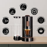 Cafetera espresso de cápsulas K-FEE TWINS II para café, té y cacao | Máquina de café espresso para tazas grandes | Calentamiento rápido | Depósito de agua de 2,3 litros | 19 barras | Negro-cobre