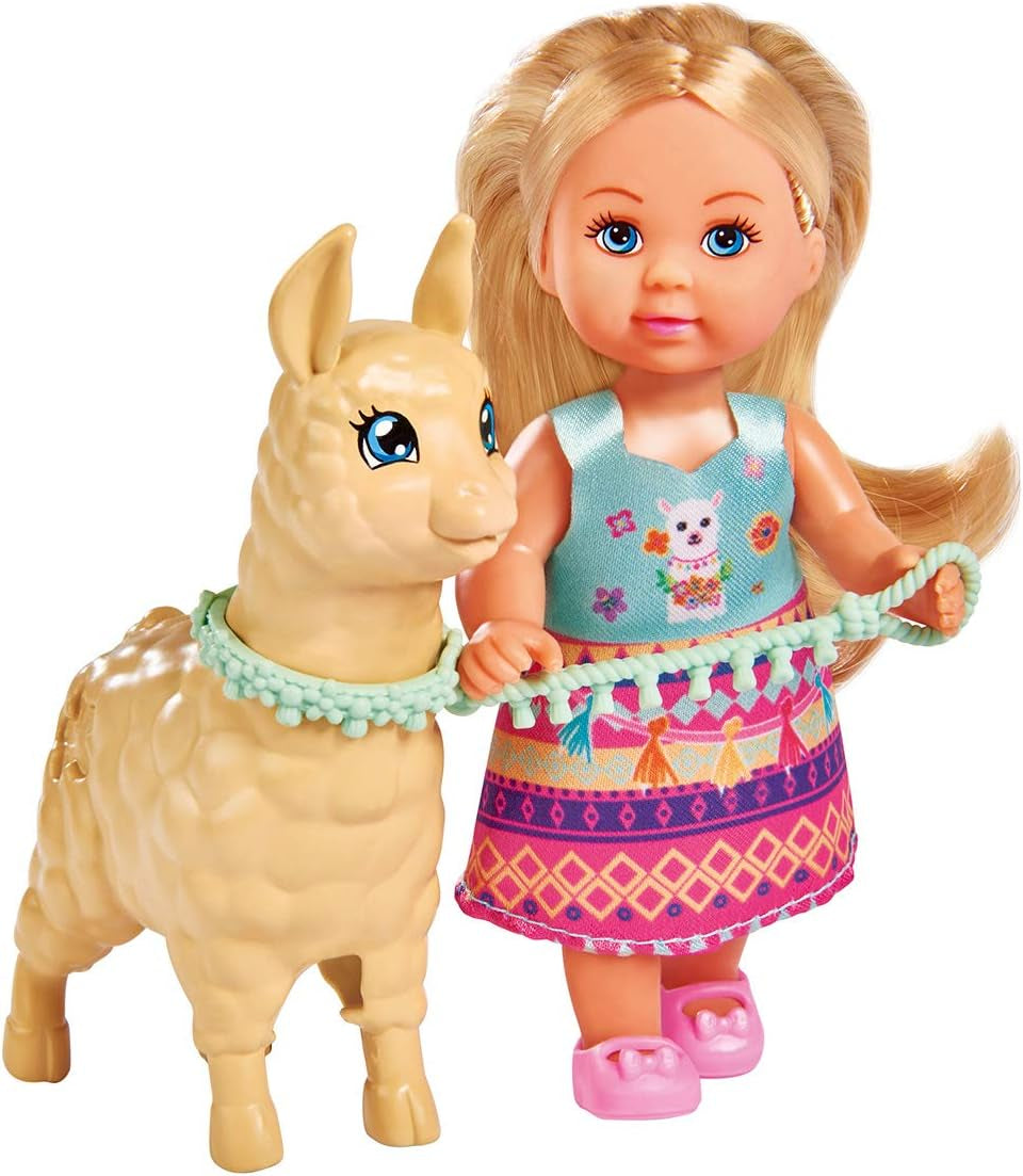 Simba 105733497 - Muñeca Evi Love con lindo traje de alpaca y correa, 12 cm, para niños a partir de 3 años
