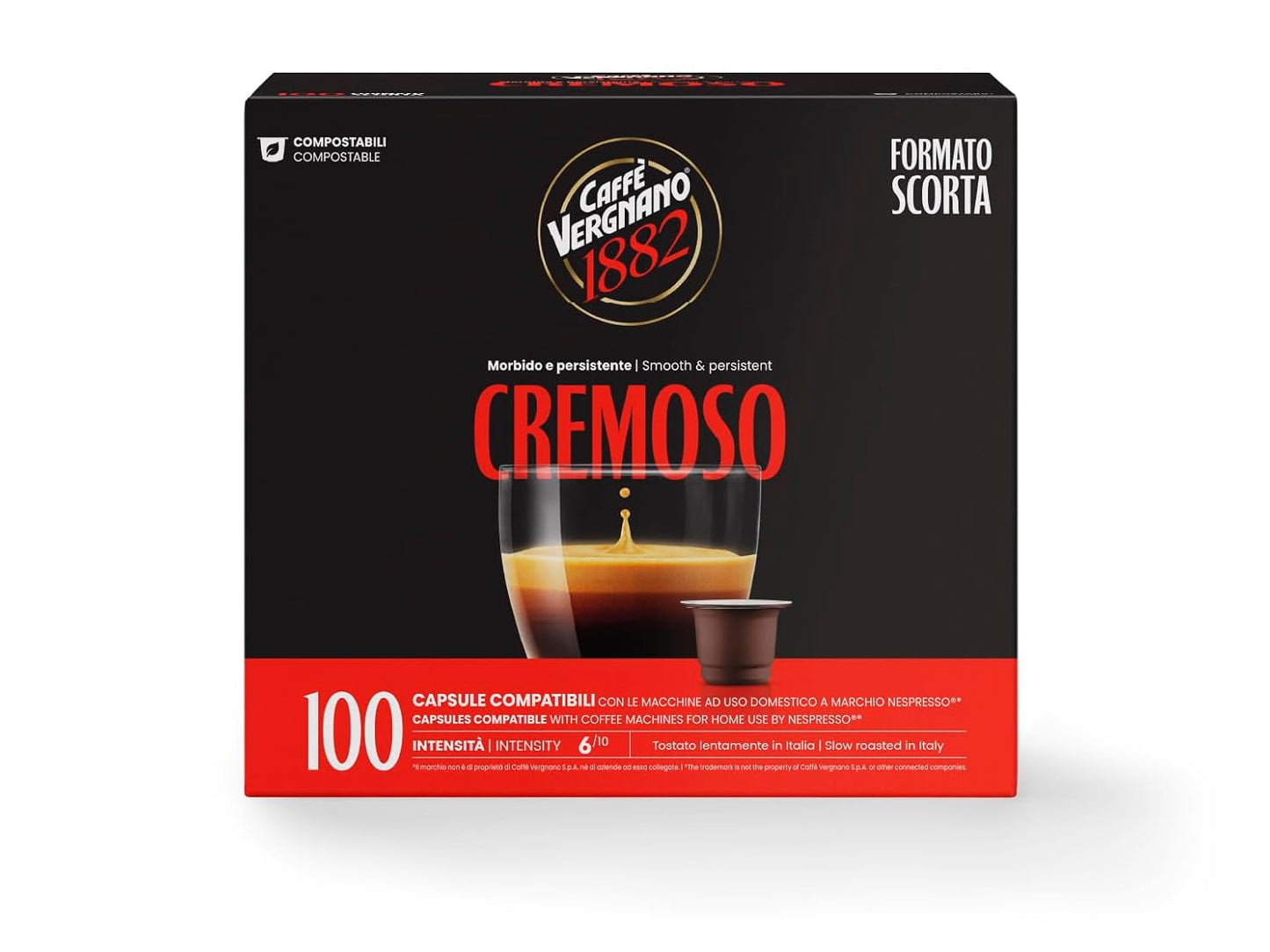 Caffè Vergnano 1882 - Café Èspresso Compostable, Compatible con Nespresso, Cremoso (Cremoso) - Packung Enthält 100 Kapseln