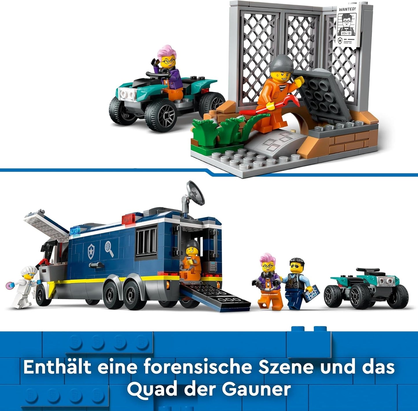 LEGO City Camión de policía con laboratorio, set de policía cuádruple y camión de juguete para niños, regalo para niños y niñas a partir de 7 años, además de 5 minifiguras: 2 policías, 1 científico y 2 ladrones 60418 Juegos de construcción Beuche den LEGO-Store