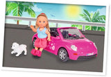 Simba 105731539 - Evi Love Beetle Evi's, Evi con coche, coche: 22 cm, con perro, muñeca de moda, 12 cm, para niños a partir de 3 años