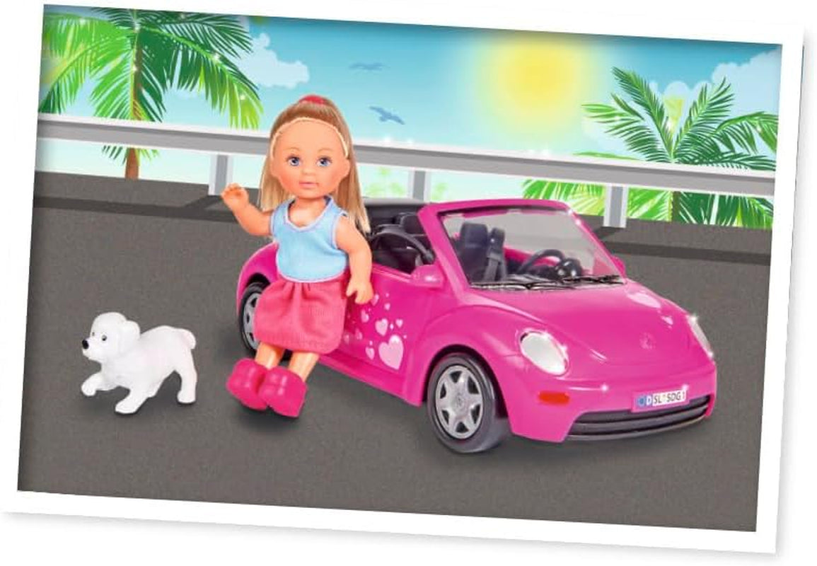 Simba 105731539 - Evi Love Beetle Evi's, Evi con coche, coche: 22 cm, con perro, muñeca de moda, 12 cm, para niños a partir de 3 años