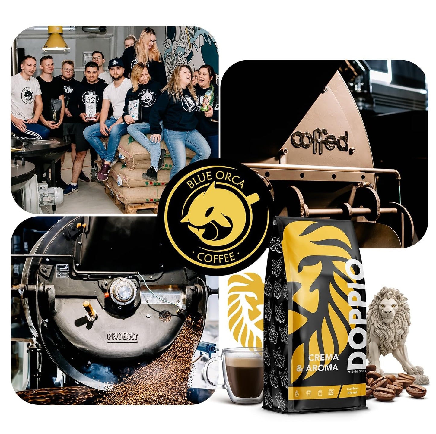Doppio Crema y Sabor 1KG | Granos de café 80% Arábica y 20% Robusta | con notas de cacao, nueces y caramelo | Tostado fresco y medio, baja acidez | para café expreso | Café Orca Azul