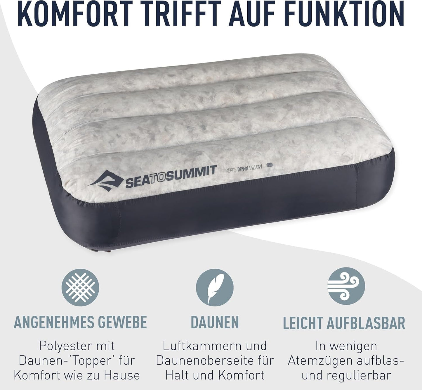 Sea to Summit - Almohada de viaje Eros Down L - Ultraligera e hinchable - Material 10D - Almohada de plumón premium - Antideslizante - Para senderismo y acampada - 42 x 28 x 12 cm - Gris - 95 g Naty Shop Almohadas de viaje