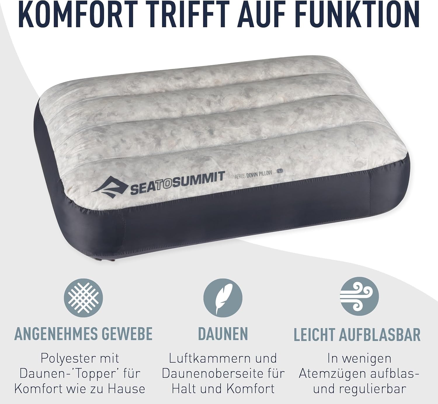 Sea to Summit - Almohada de viaje Eros Down L - Ultraligera e hinchable - Material 10D - Almohada de plumón premium - Antideslizante - Para senderismo y acampada - 42 x 28 x 12 cm - Gris - 95 g Naty Shop Almohadas de viaje