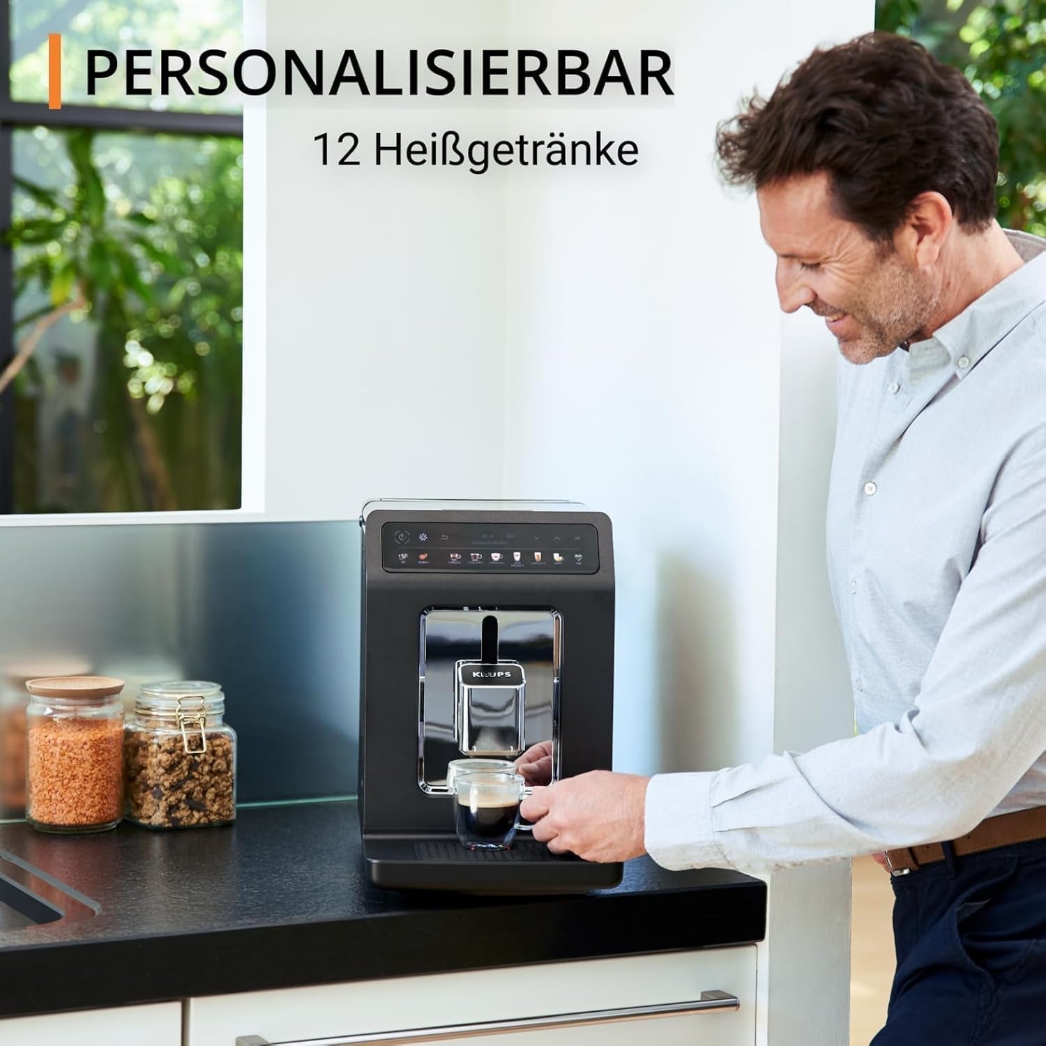 KRUPS Evidence One Cafetera espresso automática con manguera para leche, capuchino de un toque, 12 bebidas especiales, función de 2 tazas, pantalla a color, cafetera espresso, certificado TÜV, negra, EA895N10