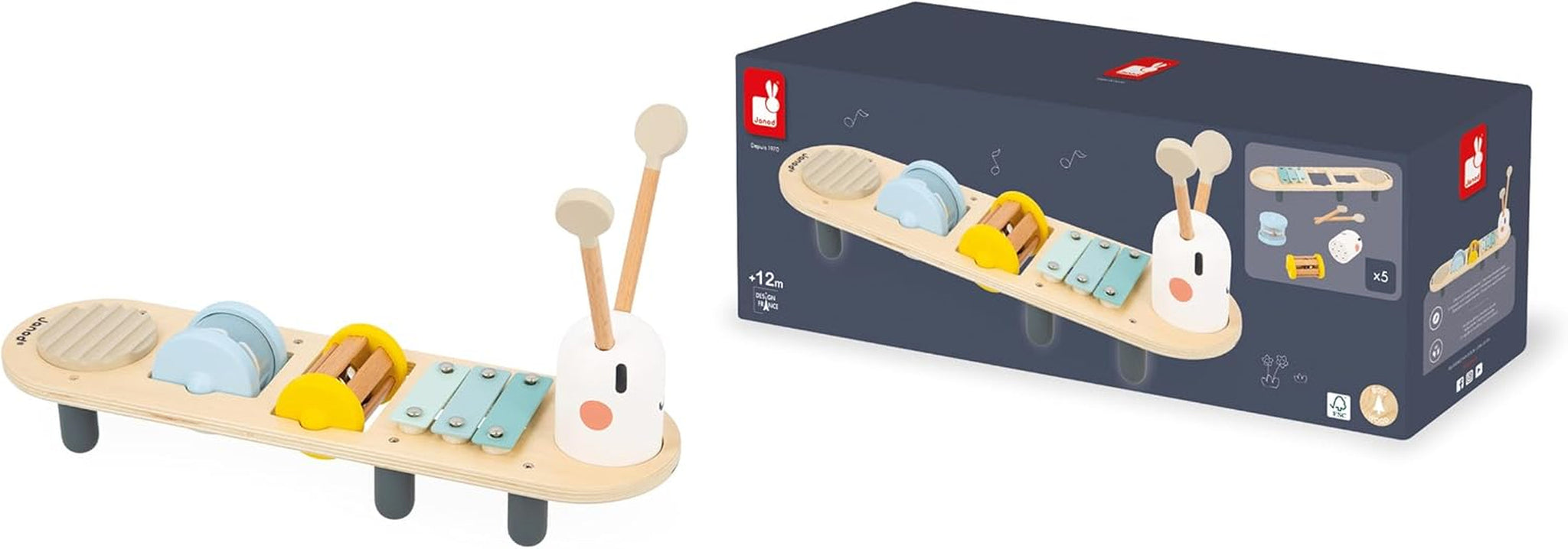Janod - Pistas musicales Sweet Cocoon - 5 actividades musicales para niños - Educación musical temprana - Juguete de madera FSC - A partir de 12 meses, J04058 Baby Toys Naty Shop