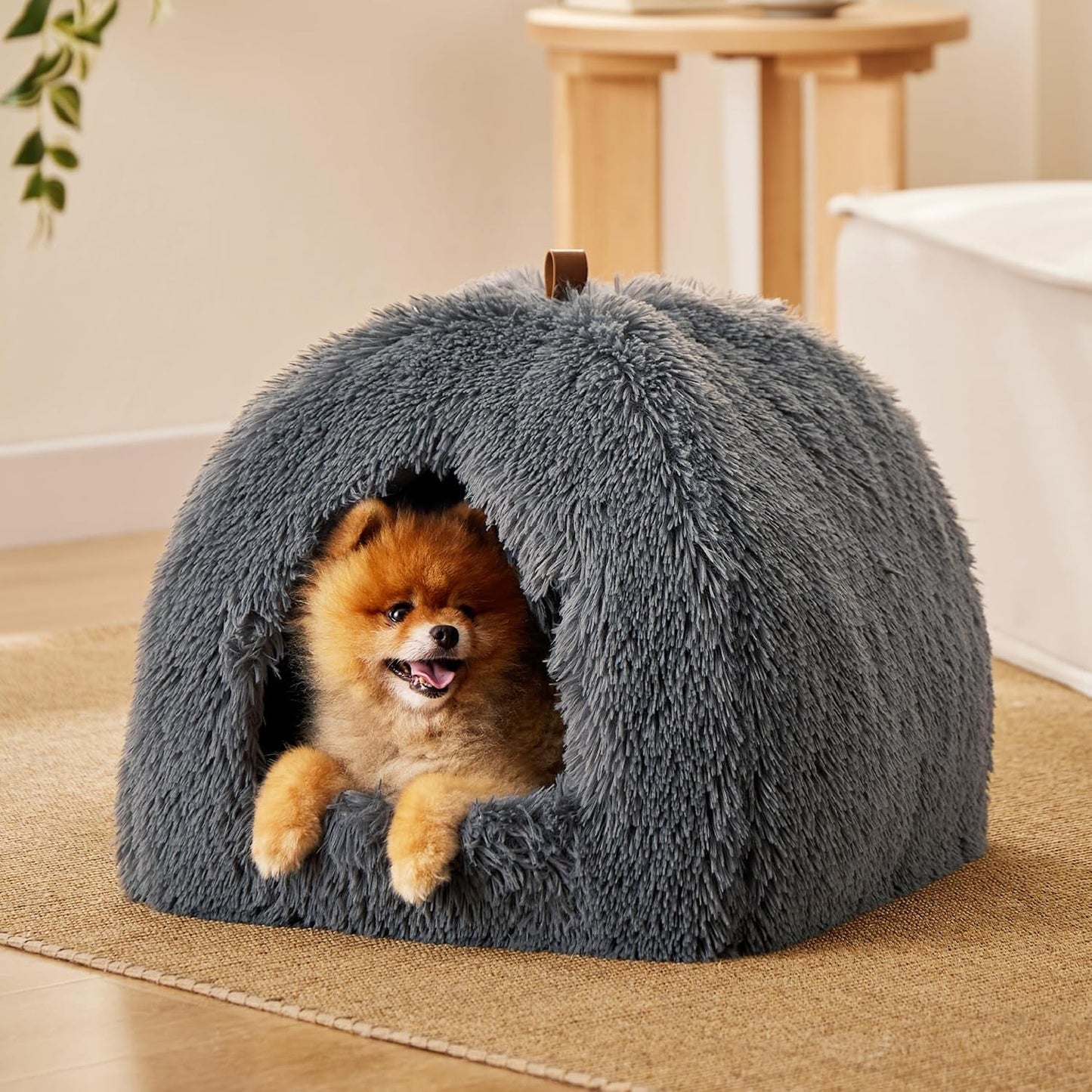 BEDSURE Katzenbett große Katzen Katzenhöhle- 44x44x44 cm Plüsch Katzenhaus Indoor mit abnehmbarem Katzenkissen und hängendem Spielzeug, Katzen Bettchen washbar, dunkelgrau