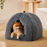 BEDSURE Katzenbett große Katzen Katzenhöhle- 44x44x44 cm Plüsch Katzenhaus Indoor mit abnehmbarem Katzenkissen und hängendem Spielzeug, Katzen Bettchen washbar, dunkelgrau