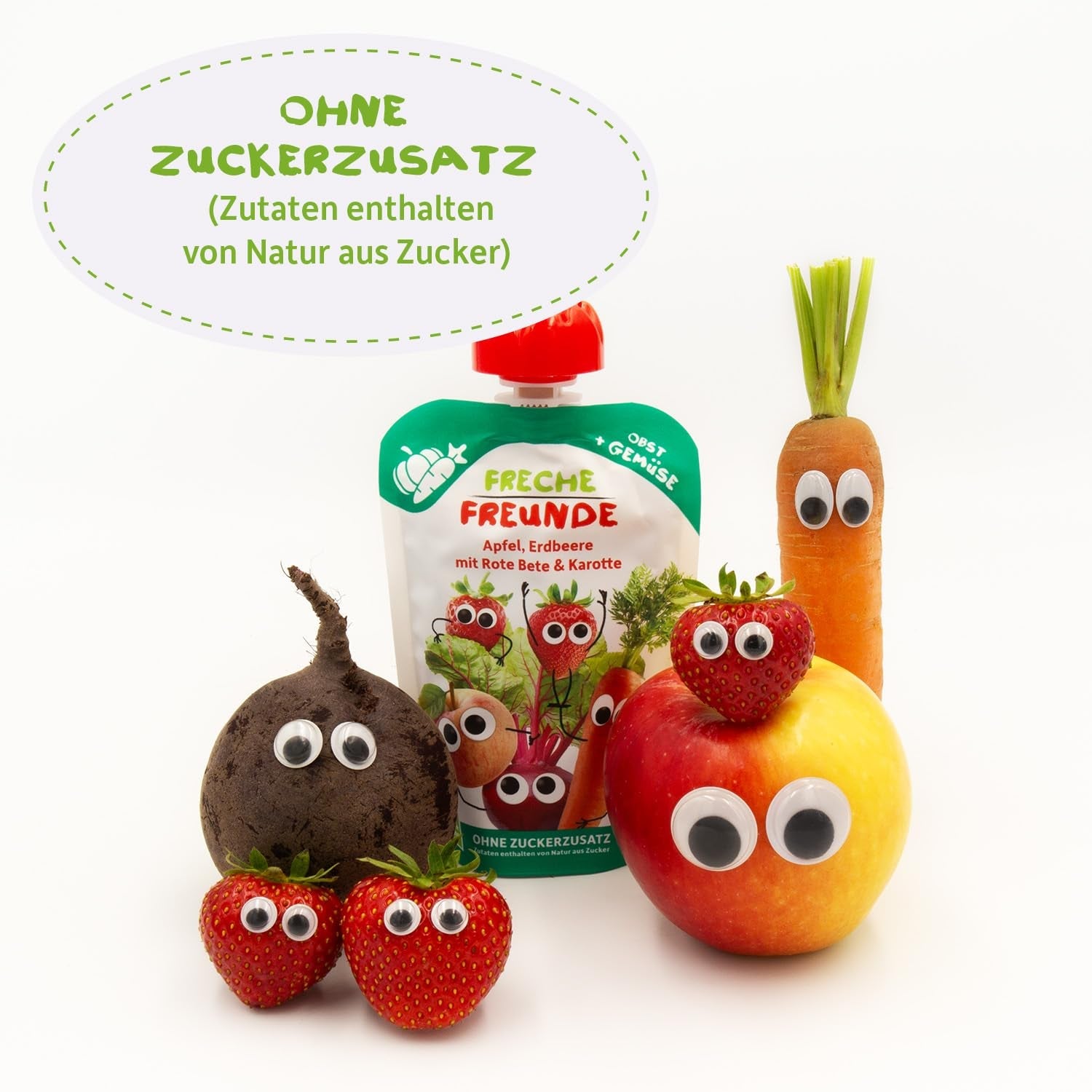 FRECHE FREUNDE Bolsita de frutas ecológicas exprimibles con manzanas, fresas, remolacha y zanahoria, puré de frutas y verduras en bolsitas exprimibles para bebés a partir de 6 meses, vegano, paquete de 6 (6 x 100 g)