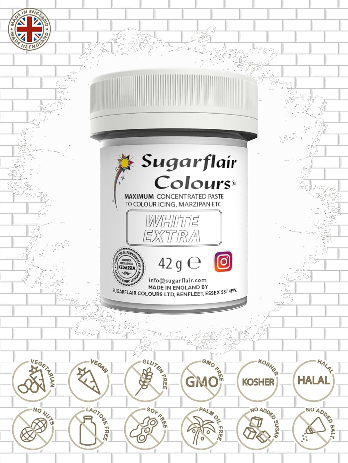 Colorante alimentario Sugarflair Max Concentrated White Extra, colorante alimentario altamente concentrado para mazapán y fondant, colorante en pasta Max Concentrate - 42 g