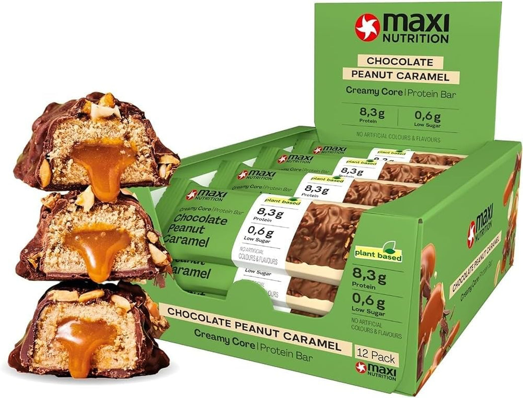 MaxiNutrition Barrita proteica vegana cremosa con chocolate, cacahuetes y caramelo 12x45g - barrita proteica vegana, 18% de proteína, 8,3 g por barrita, bajo contenido en azúcar (0,9 g), sin azúcar añadido, sin aromas artificiales