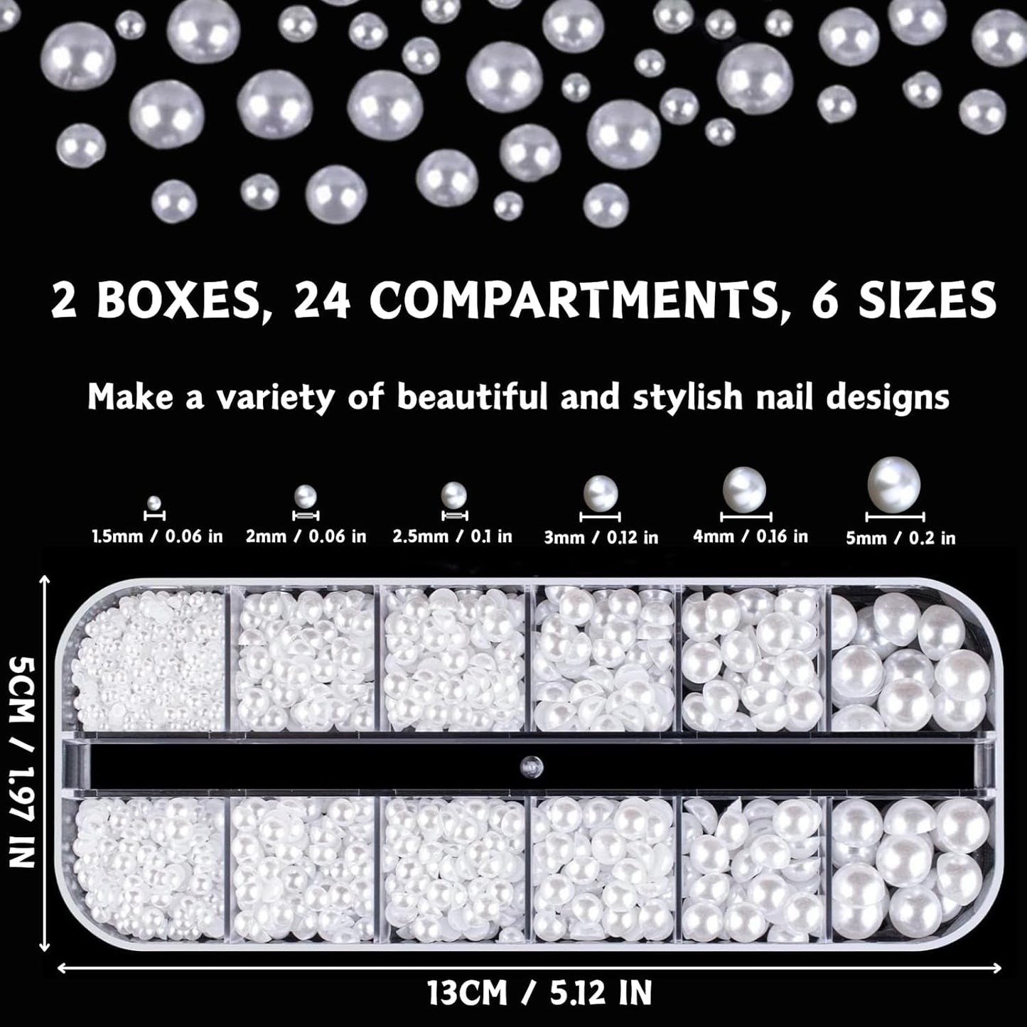 12 Größen Nail Art Perlen, Flache Perlen, Nail Art Accessoires, Halbkreis Nagelperlen, Weiße Nail Charms Und Glitzersteine ​​​​Nägel Für Nail Art Design, DIY Basteln, Alltag, Hochzeit (2 cajas)