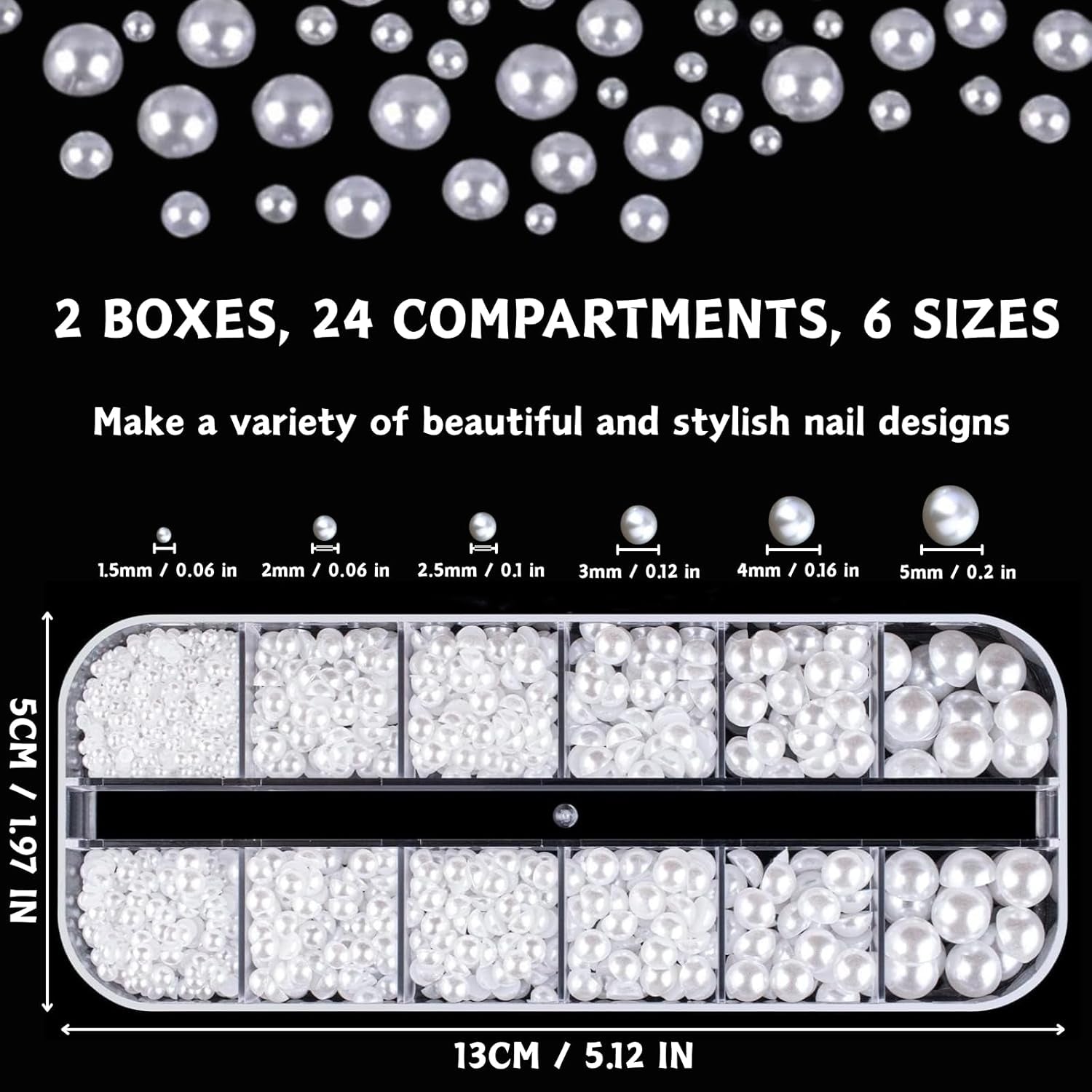 12 Größen Nail Art Perlen, Flache Perlen, Nail Art Accessoires, Halbkreis Nagelperlen, Weiße Nail Charms Und Glitzersteine ​​​​Nägel Für Nail Art Design, DIY Basteln, Alltag, Hochzeit (2 cajas)