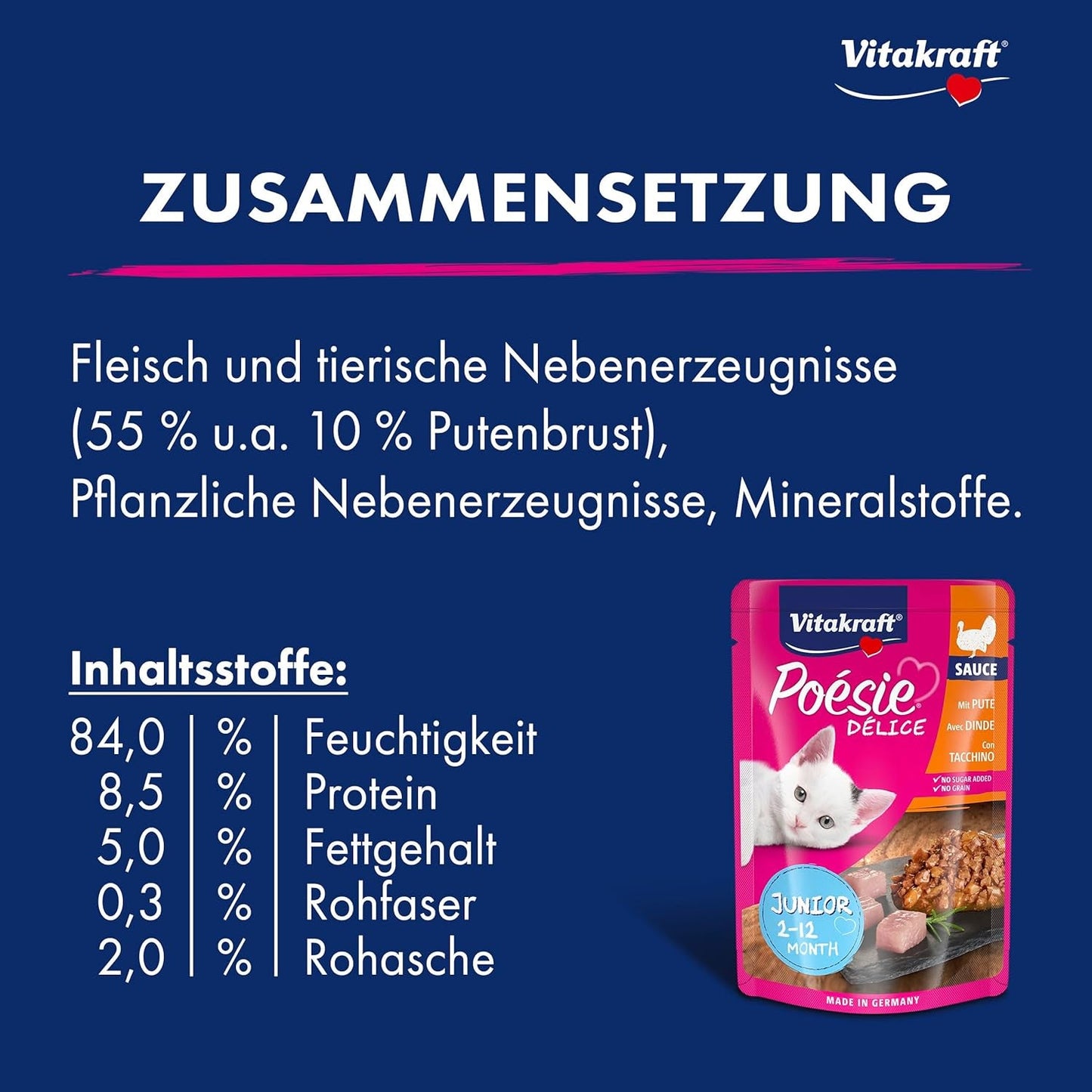 Vitakraft Poésie Délice, Junior, Comida húmeda para gatos, Comida húmeda en salsa, con pavo, Multipack, para gatos jóvenes, Sin azúcares ni cereales añadidos (23 x 85g)