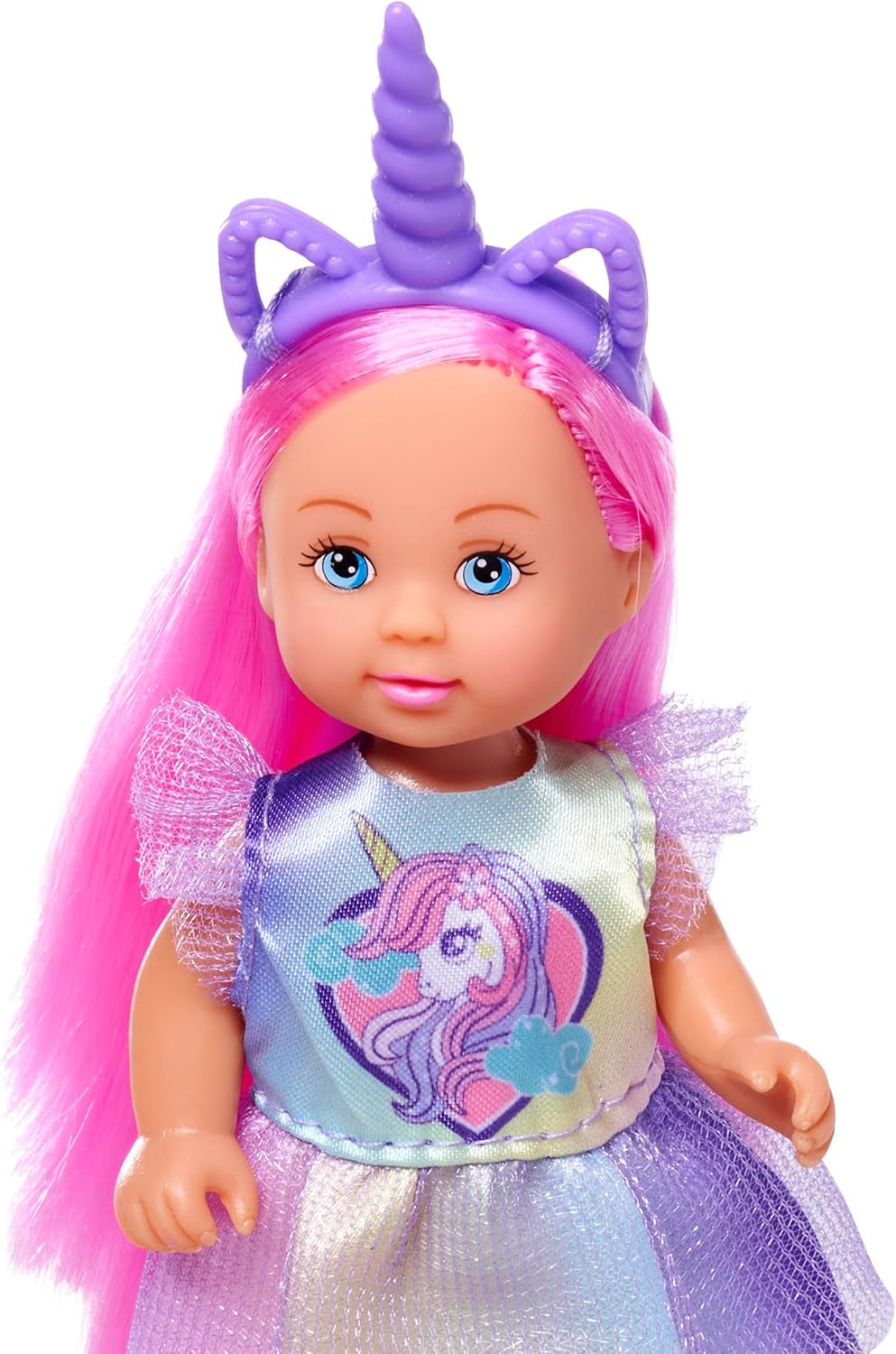 Simba Evi Love Unicorn Play Doll con un lindo vestido de unicornio con diadema a juego, que incluye un unicornio con establo, manzanas y una botella para beber, 12 cm, mayores de 3 años