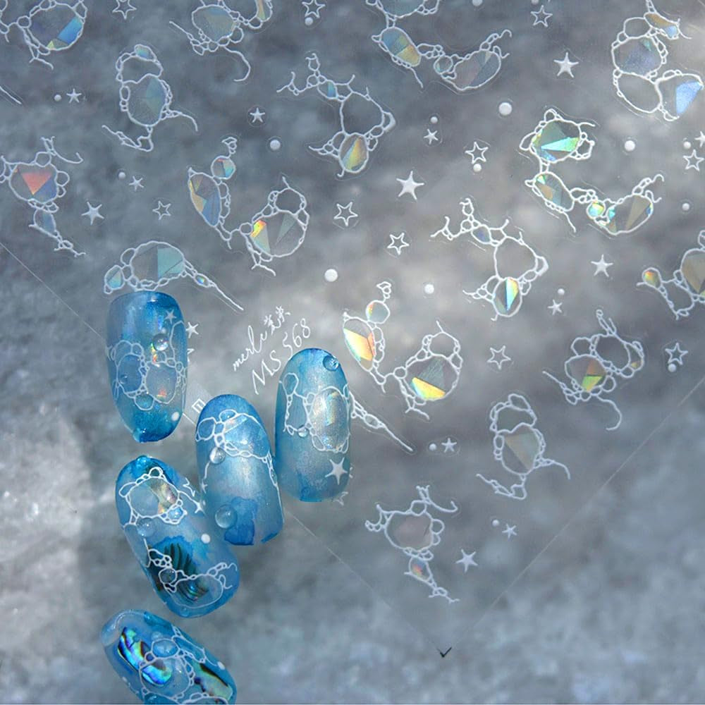 Pegatinas para uñas con purpurina, ondas de agua de verano, arte de uñas estrellado, ondas de agua de mar de fantasía, diseños de uñas, pegatinas para uñas, ondas de agua de mar, accesorios para uñas, arte de uñas