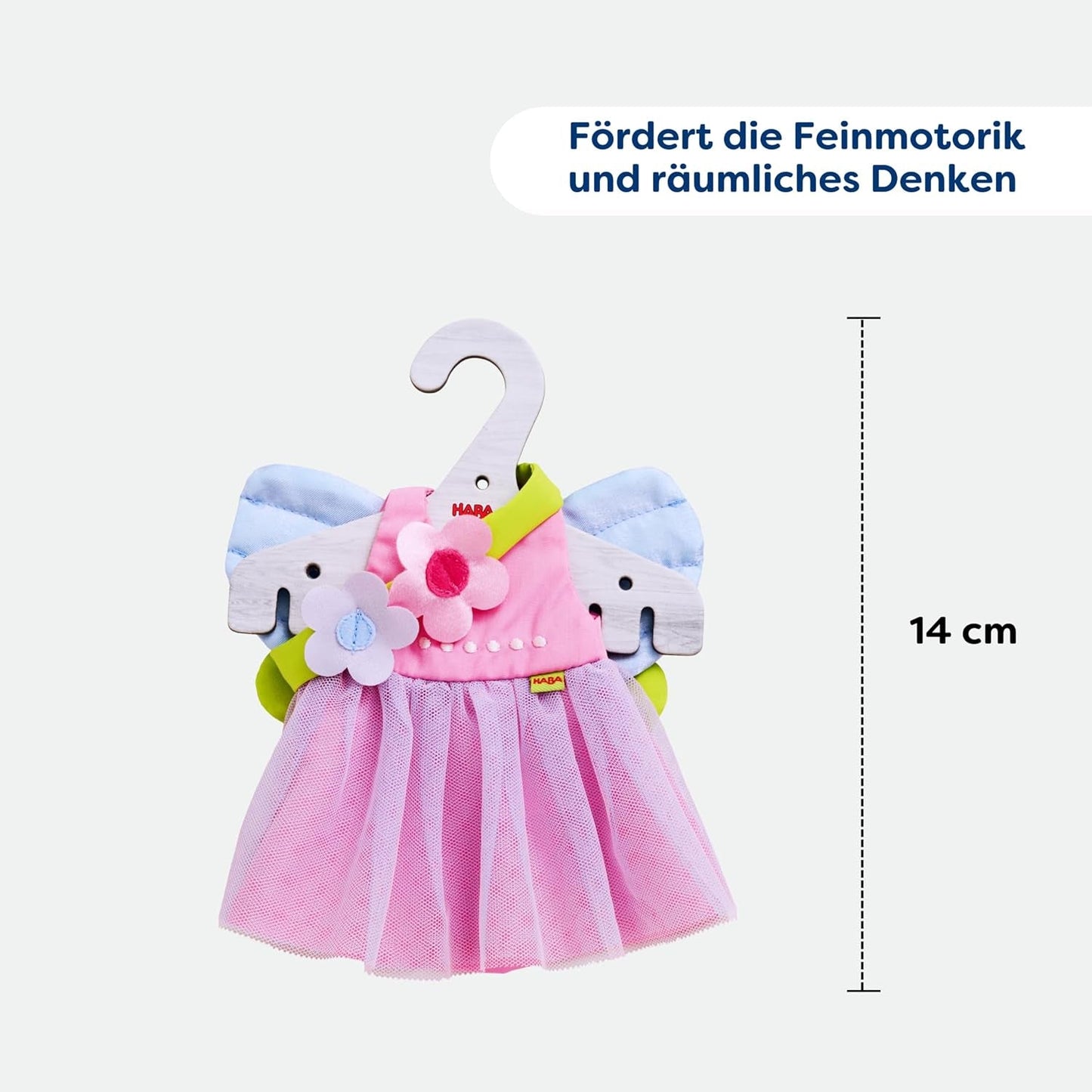 HABA Ropa para muñecas Fairy Magic - Juego de 2 piezas para muñecas de 18 meses en adelante (30 cm) - Vestido de tul con alas, diadema de flores incluida - 1306243001