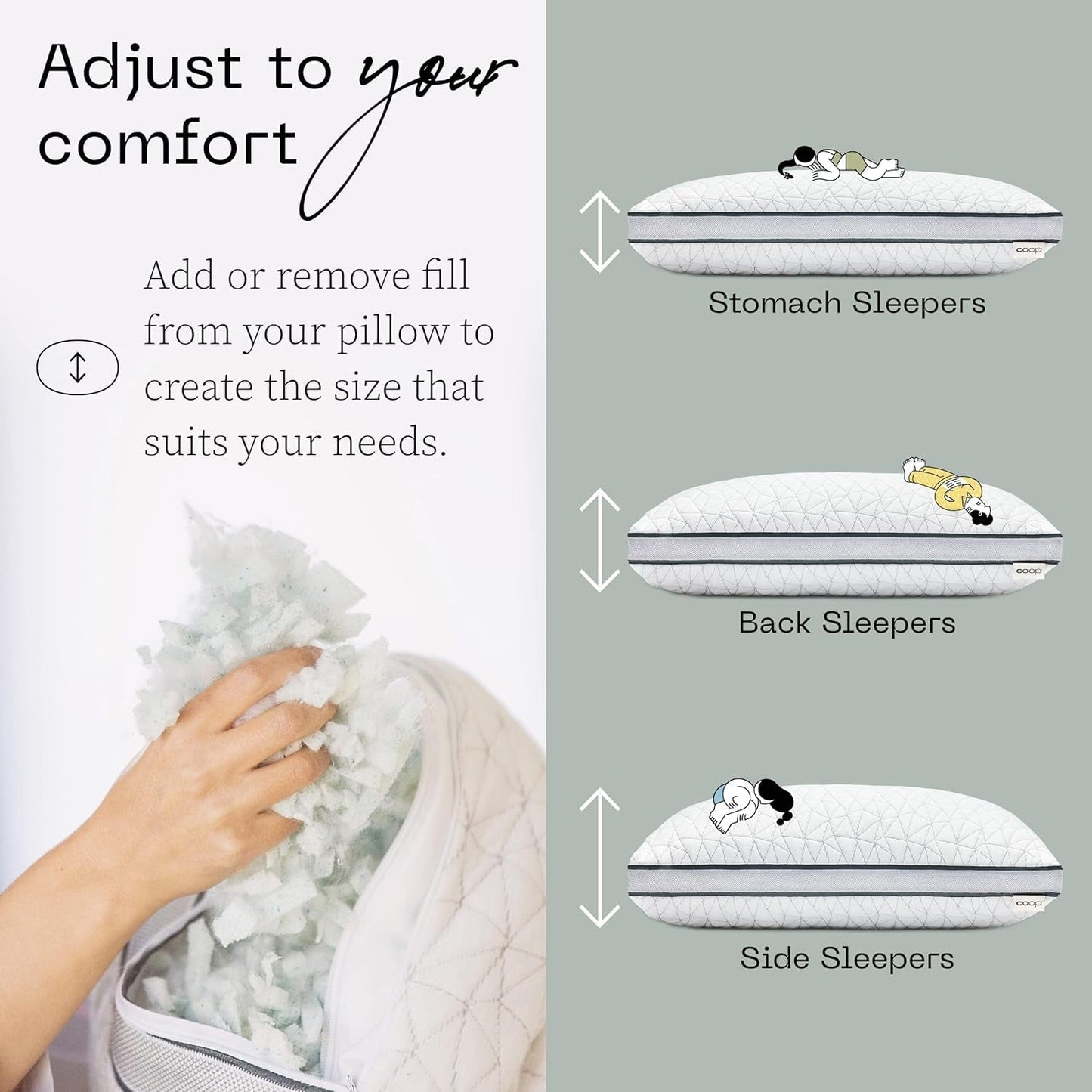 Coop Home Goods Eden Cool Almohada ajustable Tamaño King Espuma viscoelástica con gel ajustable Tejido Lulltra suave y transpirable Ideal para todos los que duermen Respetuoso con el medio ambiente Almohadas estándar Naty Shop