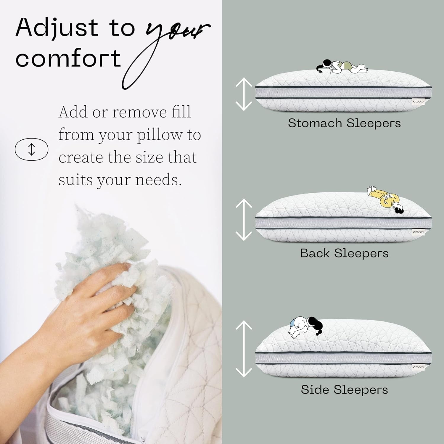 Coop Home Goods Eden Cool Almohada ajustable Tamaño King Espuma viscoelástica con gel ajustable Tejido Lulltra suave y transpirable Ideal para todos los que duermen Respetuoso con el medio ambiente Almohadas estándar Naty Shop