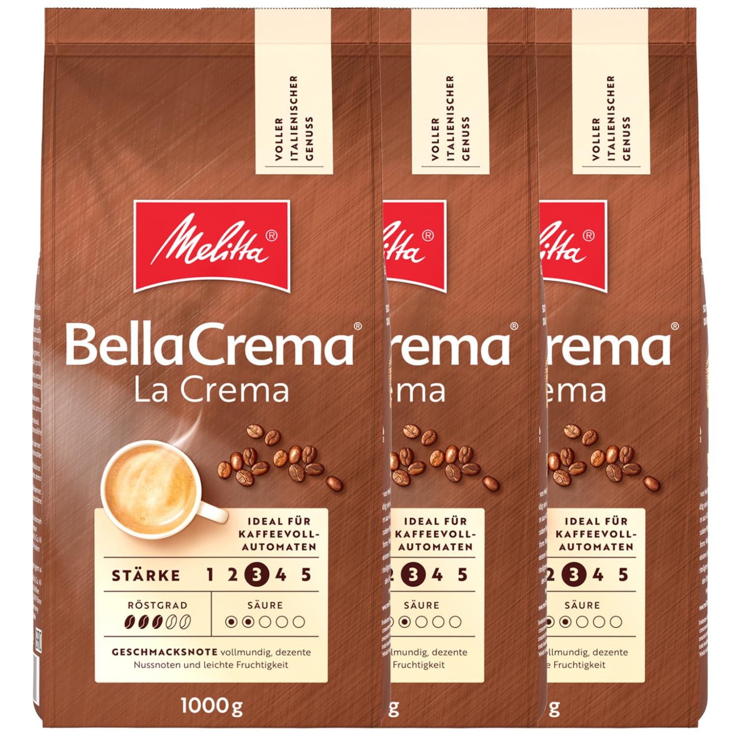 3 granos de café Melitta BellaCrema La Crema, tostado medio, 1 kg cada uno