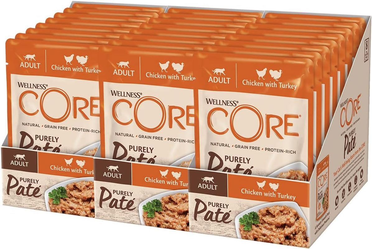 Wellness CORE Purely Paté 24 x 85g, Pollo y Pavo - Comida húmeda para gatos, paté fino, sin cereales, natural, hipoalergénico, alto en proteínas, alto en carne