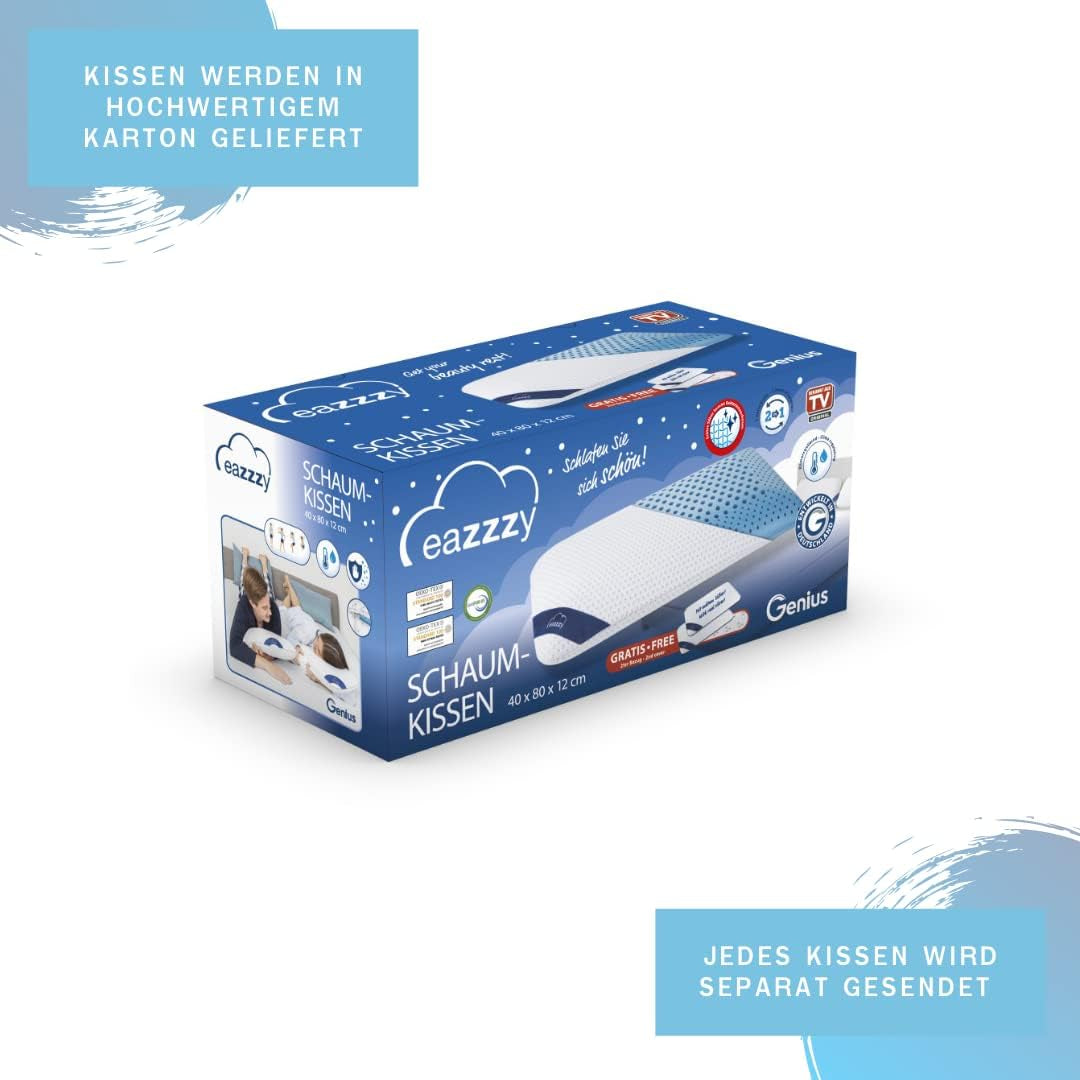 Almohada de espuma Genius Eazzzy 40X80 Cm altura 10Cm - Almohada de apoyo para el cuello con 2 grados de dureza + espuma de gel refrescante - Almohada para dormir de lado, boca arriba y boca abajo contra el dolor de cuello, almohadas estándar de poliéster Naty Shop