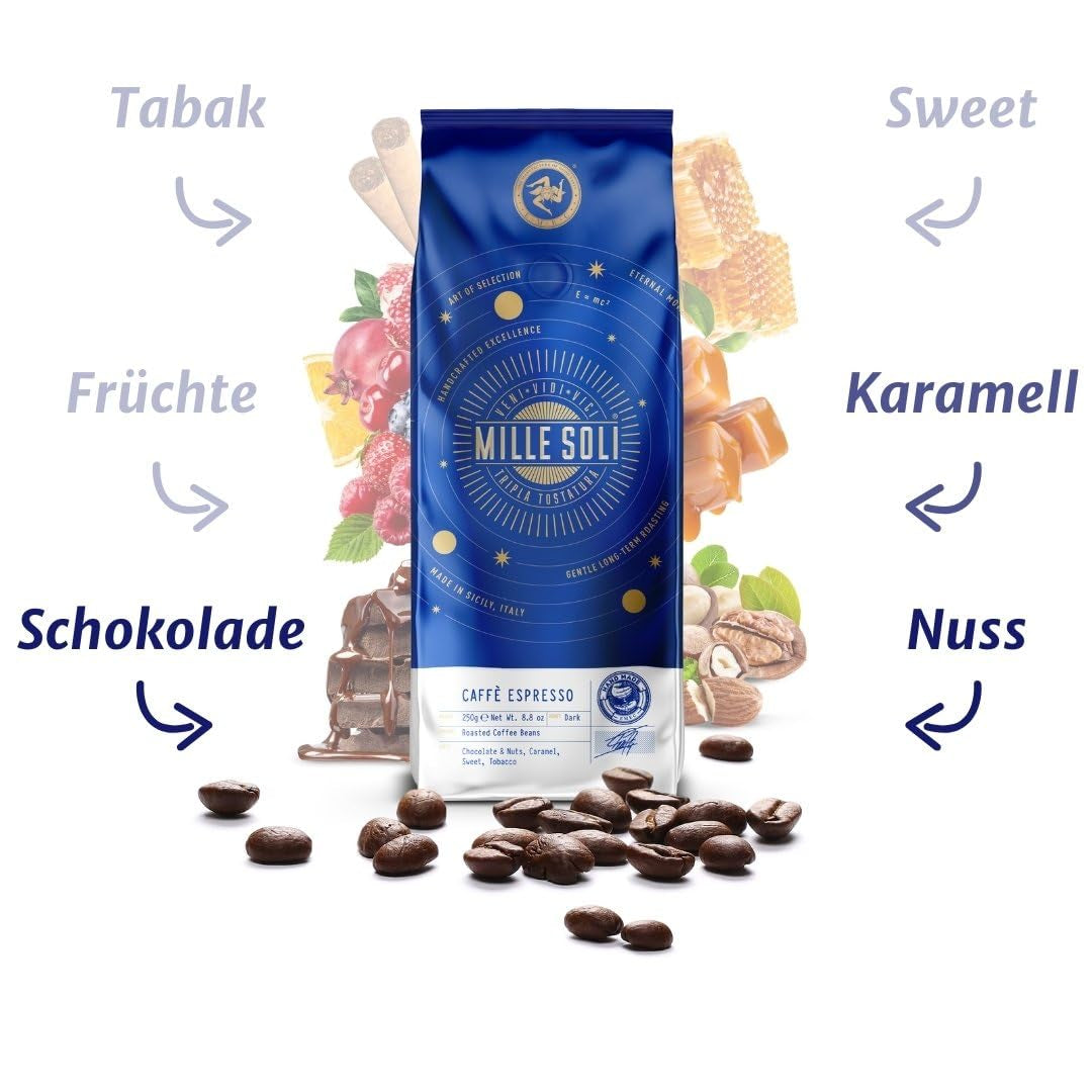 Café en Grano Caffè Espresso - Tostamiento Tradicional en Sicilia - Café en Grano Premium, Bolsa de 250g, para Máquinas Totalmente Automáticas y Portafiltro