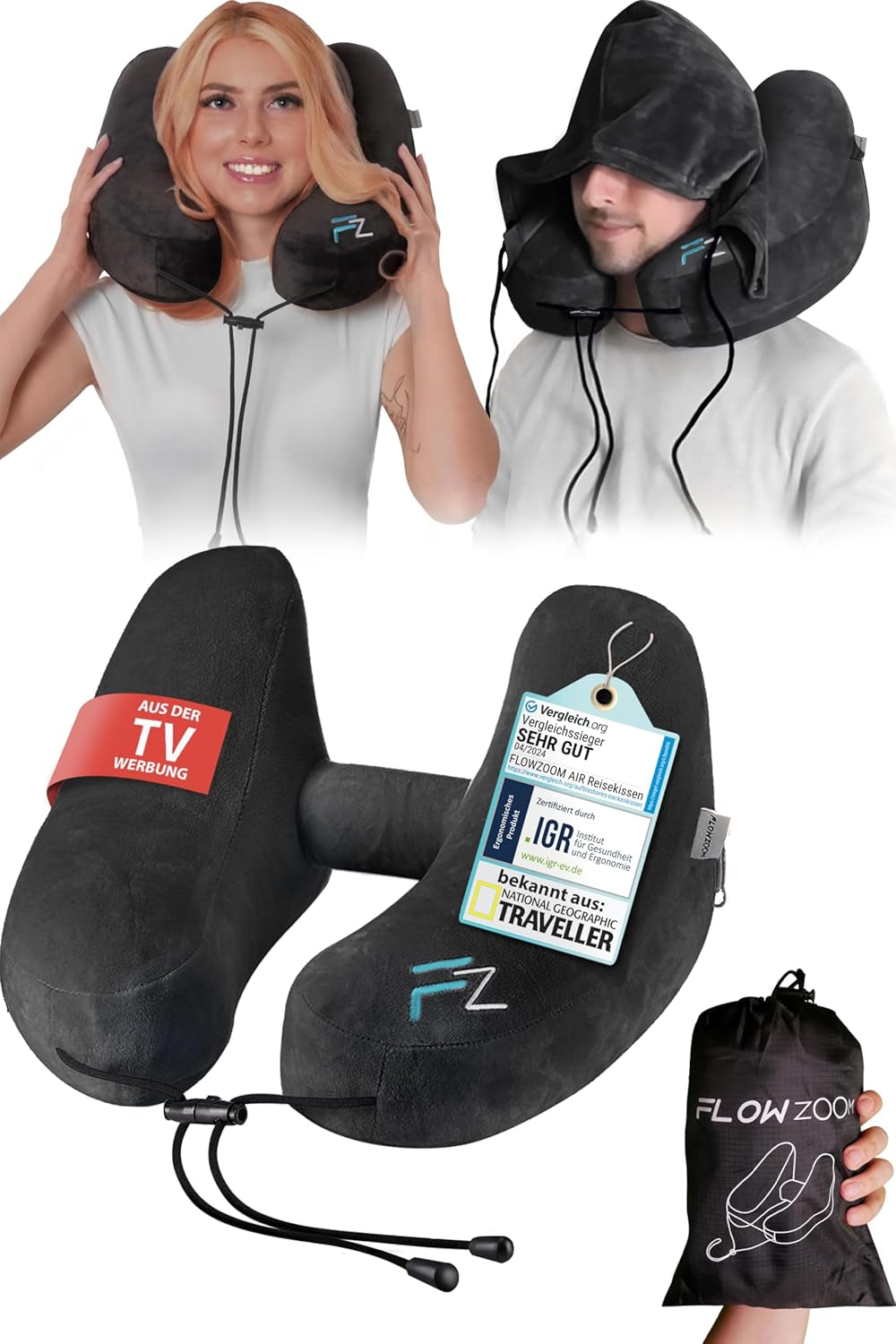 FLOWZOOM AIR Almohada Inflable para el Cuello con Capucha - Almohada para el Cuello de Avión - Almohada de Viaje - Almohada para el Cuello de Viaje Inflable Rápido - Almohada para Avión - Almohada de Viaje - Almohada para el Cuello Adulto (Gris) Naty Shop Almohadas Ortopédicas Cervicales 2) Negro - Talla L