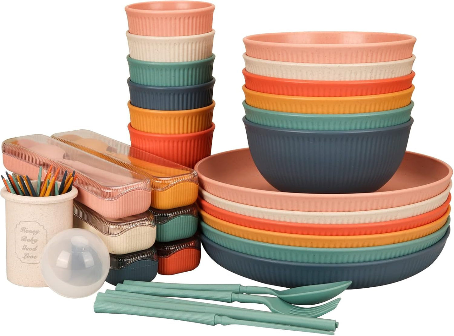 Juego de cubiertos indestructibles para 6 personas Juego de cubiertos para camping 66 piezas Juegos de cubiertos de plástico para picnic Juego de cubiertos de cuencos y platos de plástico para barbacoa de colores ligeros
