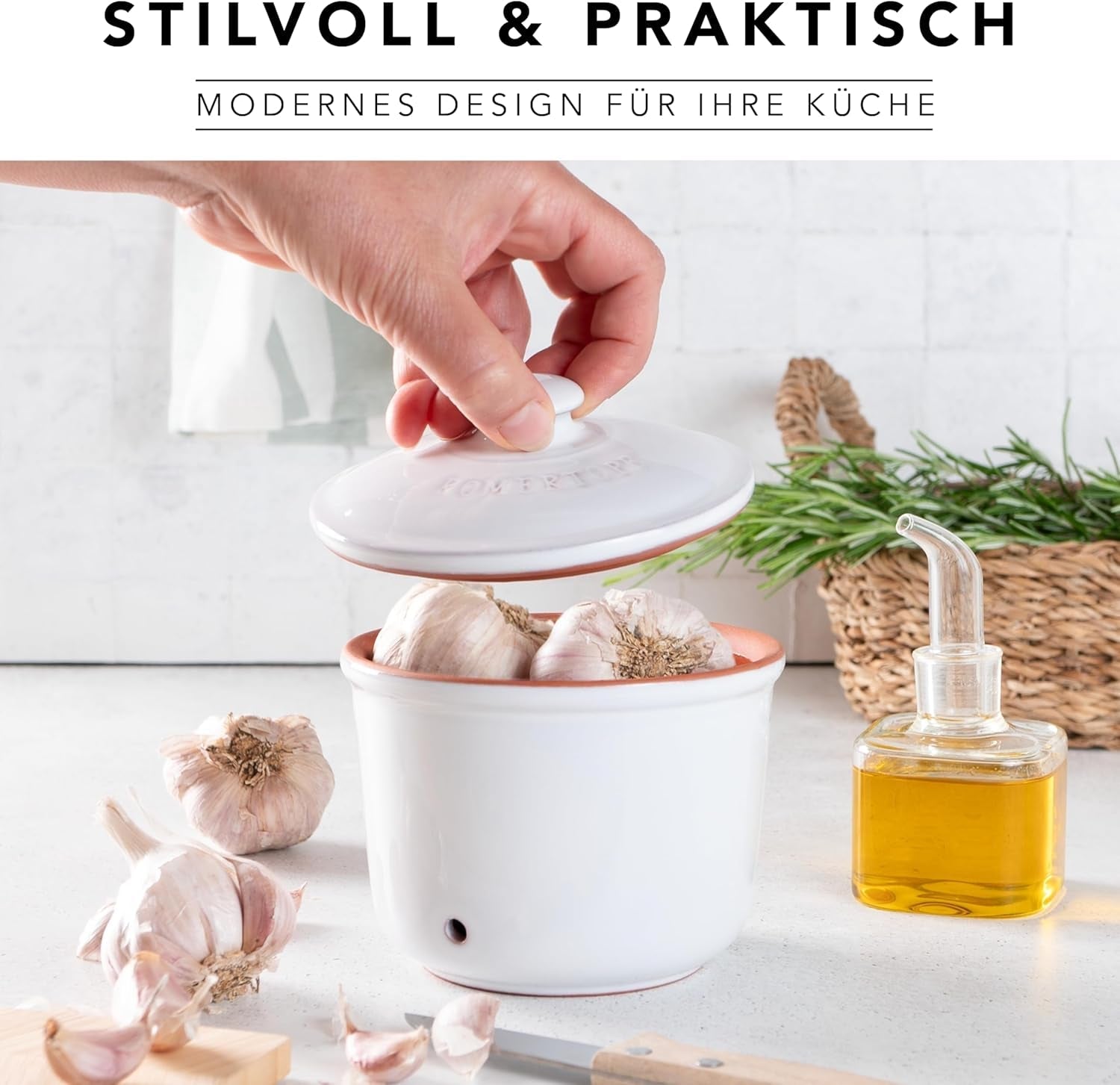 Römertopf Fresh Pot MINI 0,6 litros - Olla de cerámica para ajos - La arcilla transpirable mantiene las verduras frescas durante más tiempo - Circulación de aire ideal - Cajas de almacenamiento de alimentos blancas Naty Shop