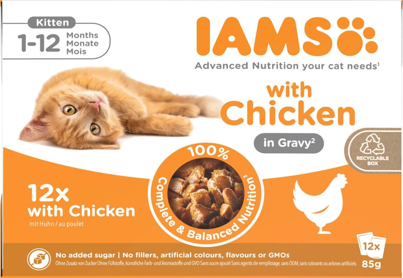 IAMS Delights Kitten Nassfutter - Multipack Katzenfutter mit Hunn in Sauce, Futter de alta calidad para niños pequeños de 1 a 12 meses, 12 x 85 g