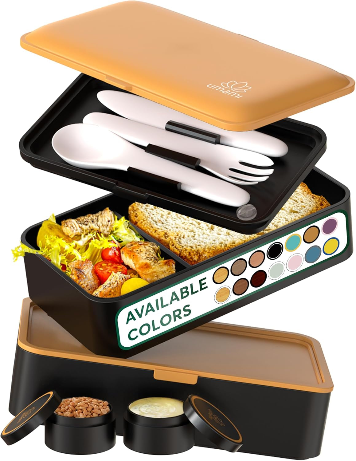 Umami Fiambrera para Adultos, Fiambrera Bento Apilable a Prueba de Fugas con 4 Cubiertos y Compartimentos, Fiambrera para Adultos, Recipiente para Ensalada para Llevar, Fiambrera para Picnic/Oficina, Gris Carbón, 1500ml