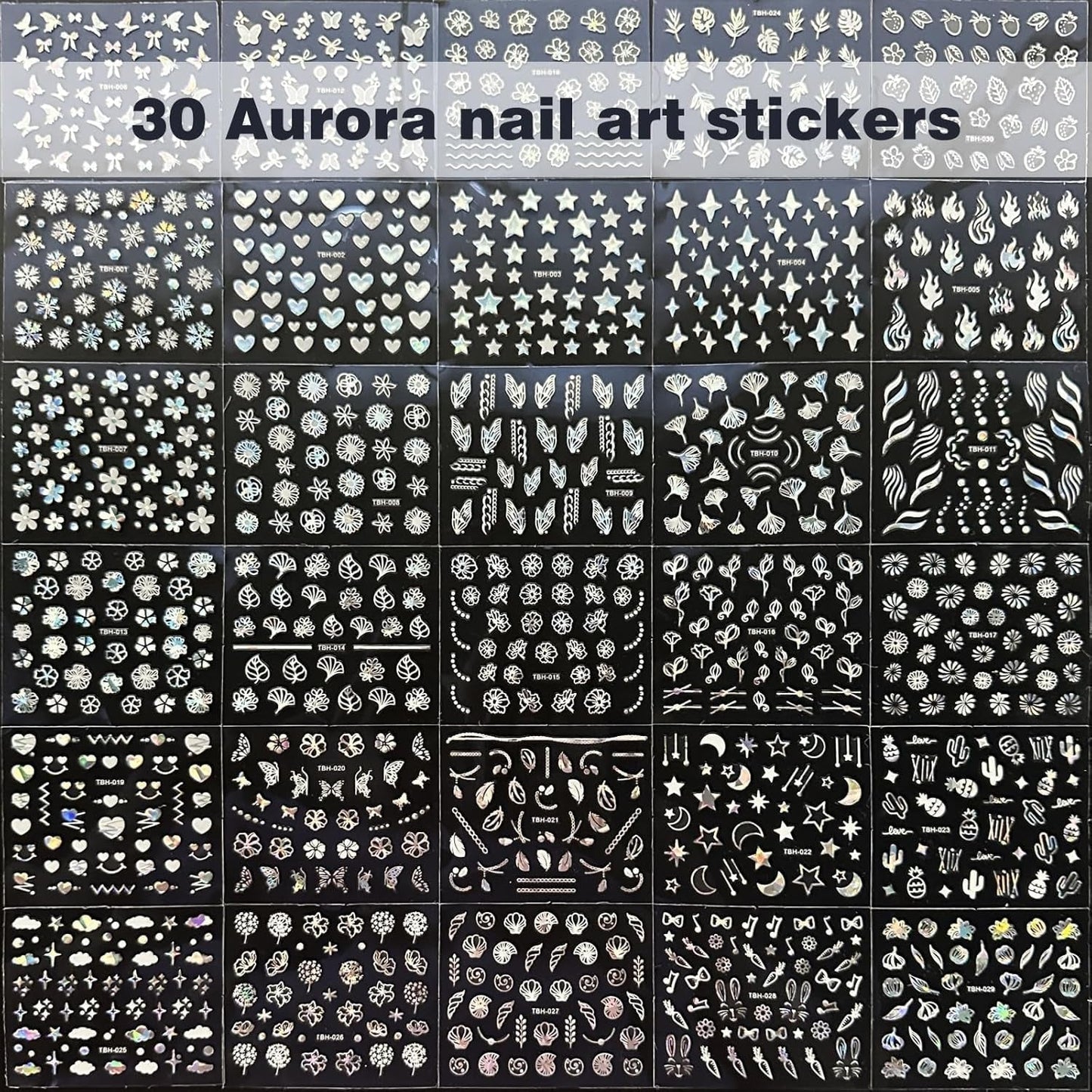 30 Blatt Aurora-Nagelkunst-Aufkleber, Selbstklebende 3D-Blumen-Nagelaufkleber, Aurora-Mond-Stern-Nagelaufkleber para Nagelkunst, Blatt-Herz-Nageldesign para bricolaje-acrílico-decoración
