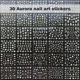 30 Blatt Aurora-Nagelkunst-Aufkleber, Selbstklebende 3D-Blumen-Nagelaufkleber, Aurora-Mond-Stern-Nagelaufkleber para Nagelkunst, Blatt-Herz-Nageldesign para bricolaje-acrílico-decoración