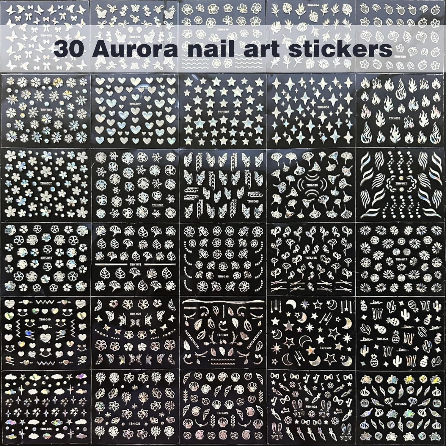 30 Blatt Aurora-Nagelkunst-Aufkleber, Selbstklebende 3D-Blumen-Nagelaufkleber, Aurora-Mond-Stern-Nagelaufkleber para Nagelkunst, Blatt-Herz-Nageldesign para bricolaje-acrílico-decoración