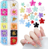 Encantos de uñas de flores 3D, 12 rejillas de resina acrílica, flores y cuentas de plata dorada, uñas de gel de flores, decoraciones de uñas de flores para mujeres y niñas, accesorios de manicura DIY