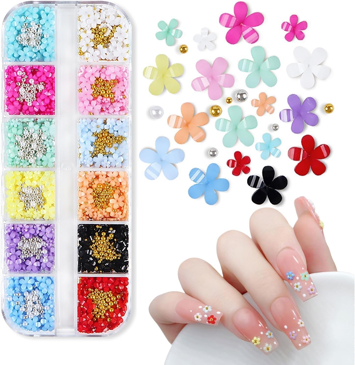 Encantos de uñas de flores 3D, 12 rejillas de resina acrílica, flores y cuentas de plata dorada, uñas de gel de flores, decoraciones de uñas de flores para mujeres y niñas, accesorios de manicura DIY