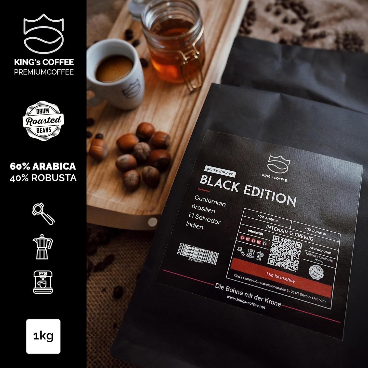 KING'S COFFEE - EDICIÓN NEGRA - 1 kg de granos de café de crema intensa - Café de baja acidez - Tostado en pequeños lotes de Italia - Fuertes granos de espresso Arábica (mezcla) para máquinas totalmente automáticas y con portafiltro