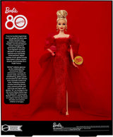 Barbie Signature Doll Figura coleccionable Mattel del 80 aniversario con vestido de tul rojo brillante con aretes de lágrima y guantes delicados Cabello rubio JBJ17