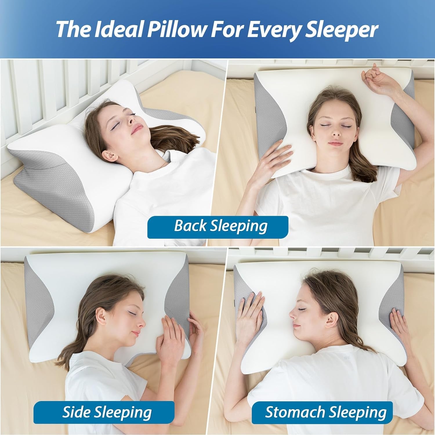 HOMCA Almohada Cervical Almohada Ortopédica de Espuma con Memoria Almohada de Soporte para el Cuello 2 en 1 con Funda de Enfriamiento 3D Almohada Ergonómica para Dormir para Dormir boca arriba, de lado y boca abajo Gris 60X13/11X40cm Almohadas Ortopédicas Cervicales Naty Shop