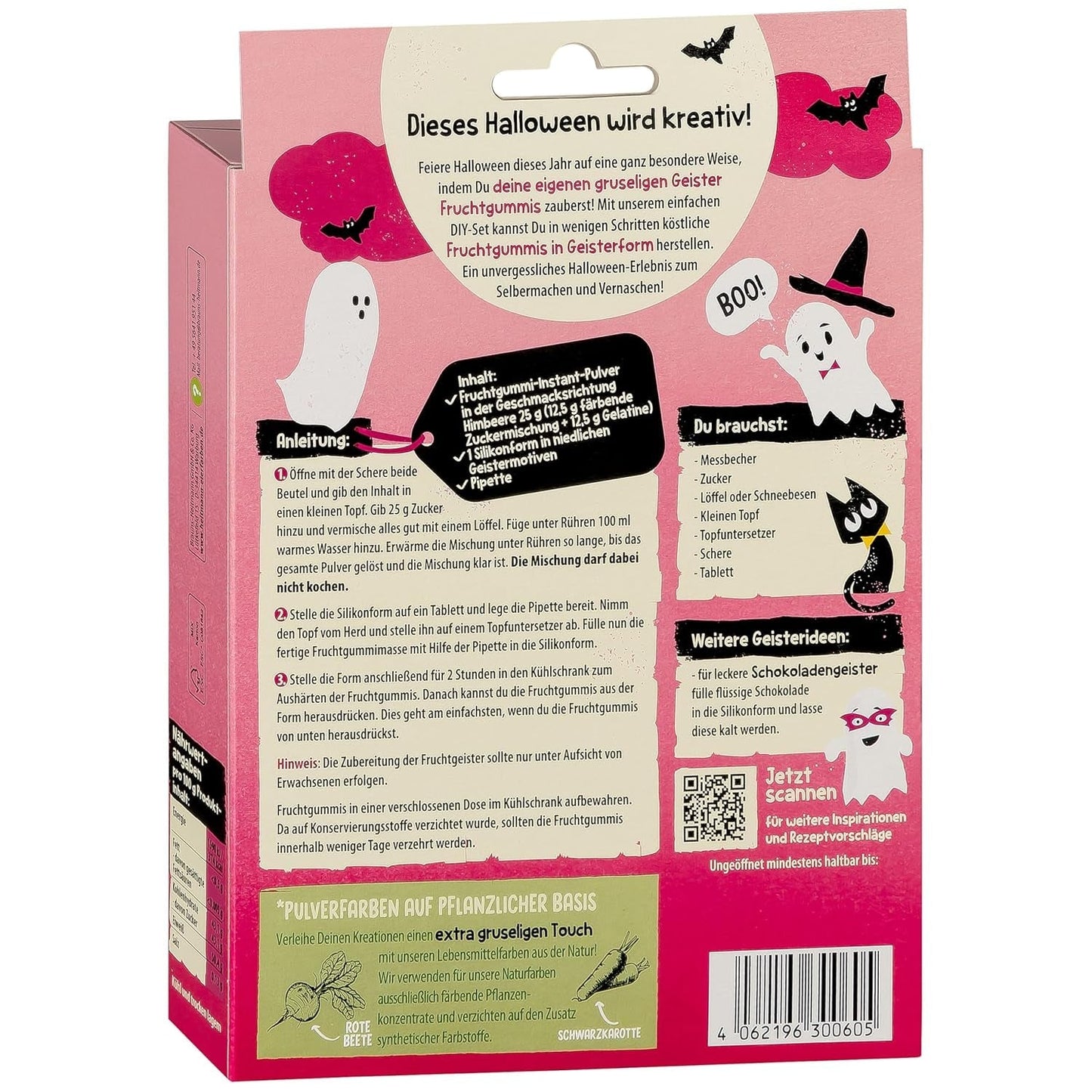 HEITMANN KREATIV - Set Creativo de Chicles de Frutas para Halloween - Tintes en Polvo a Base de Plantas - Rosa - Chicles de Frutas con Forma de Fantasma DIY con Sabor a Frambuesa