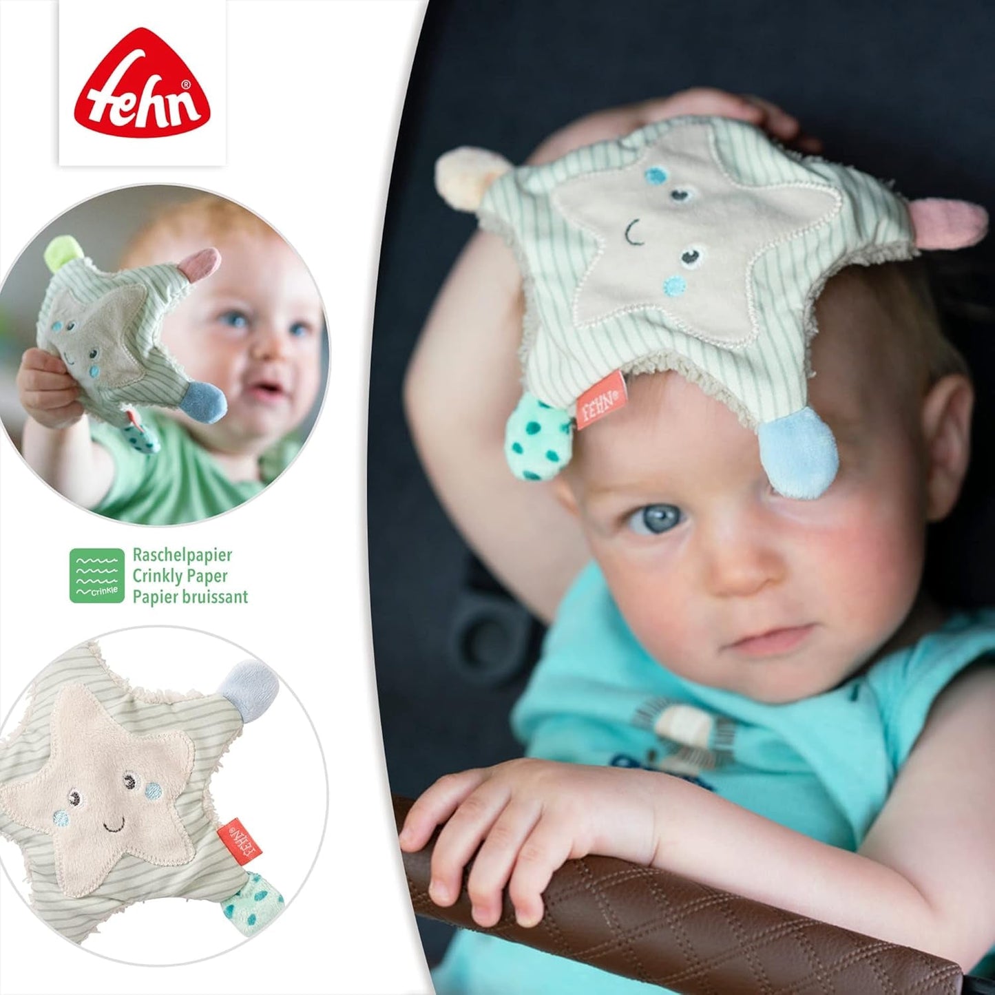 Fehn Estrella de mar crujiente - juguete para agarrar y jugar para bebés y niños pequeños a partir de 0 meses & SIGIKID 41179 juguete de agarre mariposa estrellas rojas y verdes Baby Toys Naty Shop