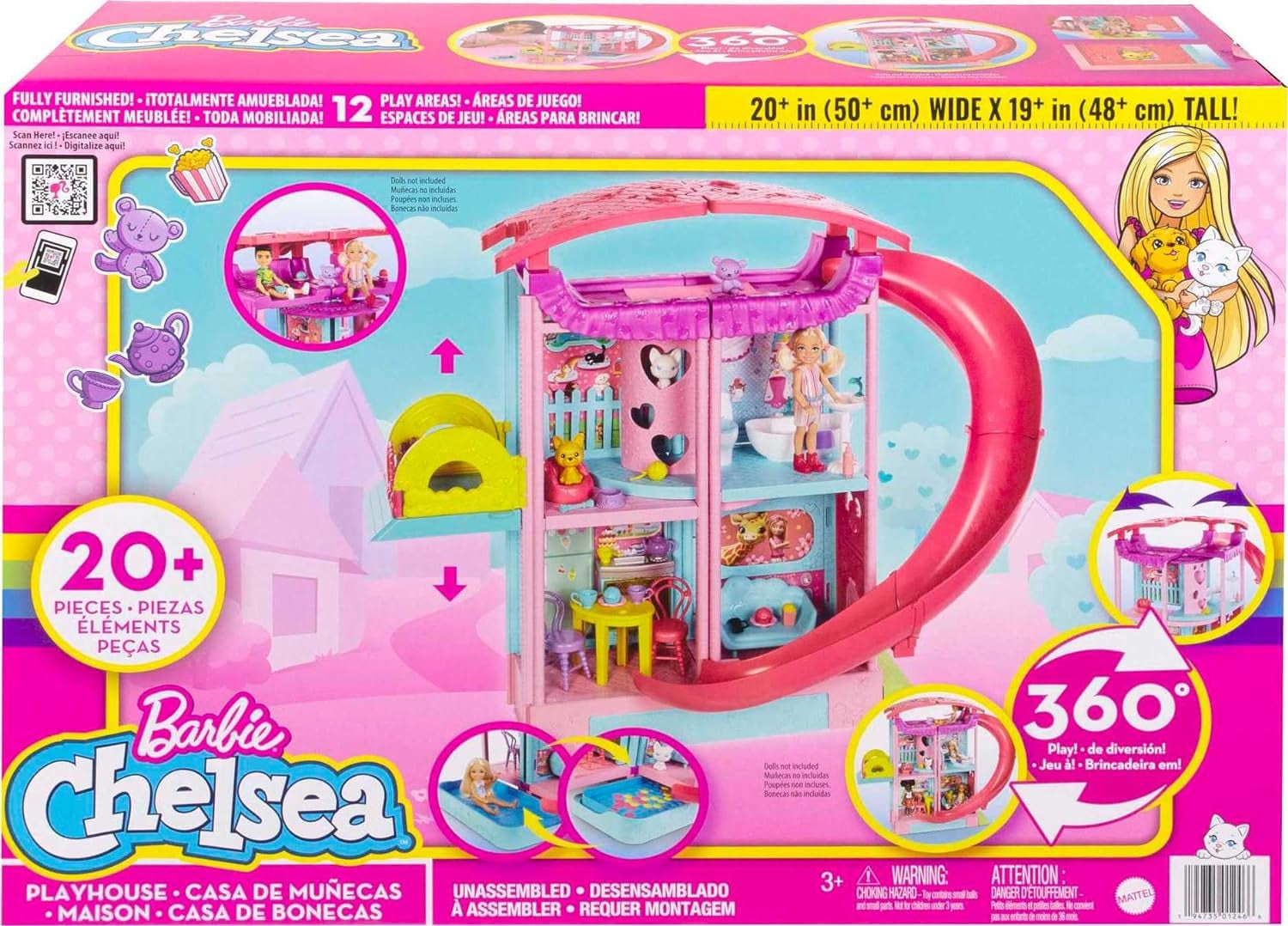 Casa de juegos Barbie Chelsea: 3 pisos transformadores, áreas de juego secretas, ascensor, piscina, tobogán, 2 mascotas y más de 20 accesorios, para mayores de 3 años, HHX44