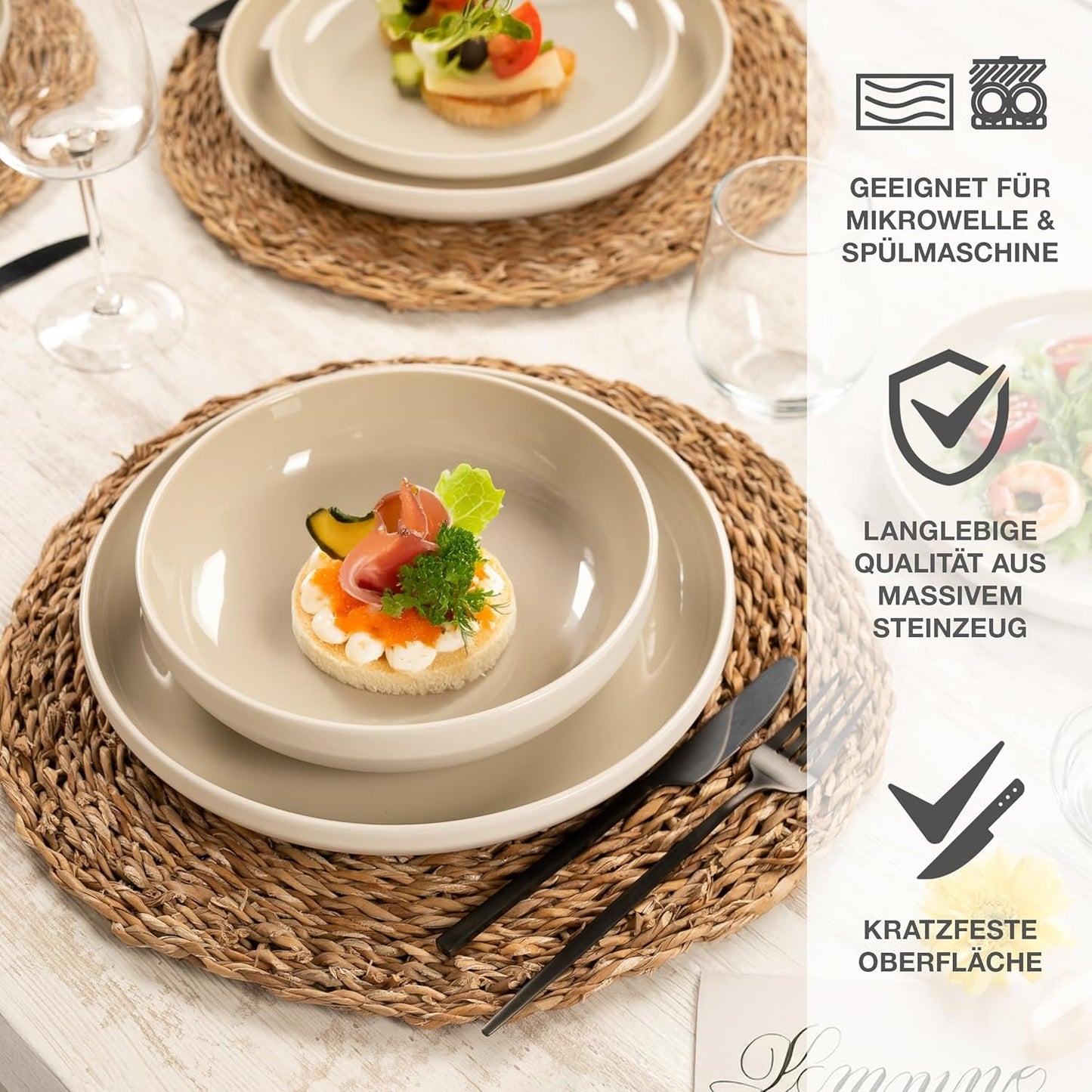 Moritz & Moritz CAVO vajilla de gres para 12 personas, 36 piezas - Moderno servicio de mesa en color arena - Juego combinado de fácil cuidado con platos y cuencos - Servicio de café